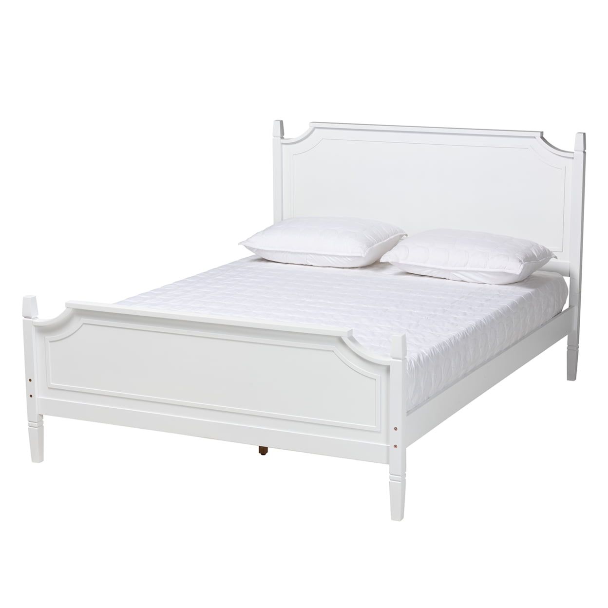 Elegant White Queen Platform Bed with Wood Frame and Upholstered Headboard