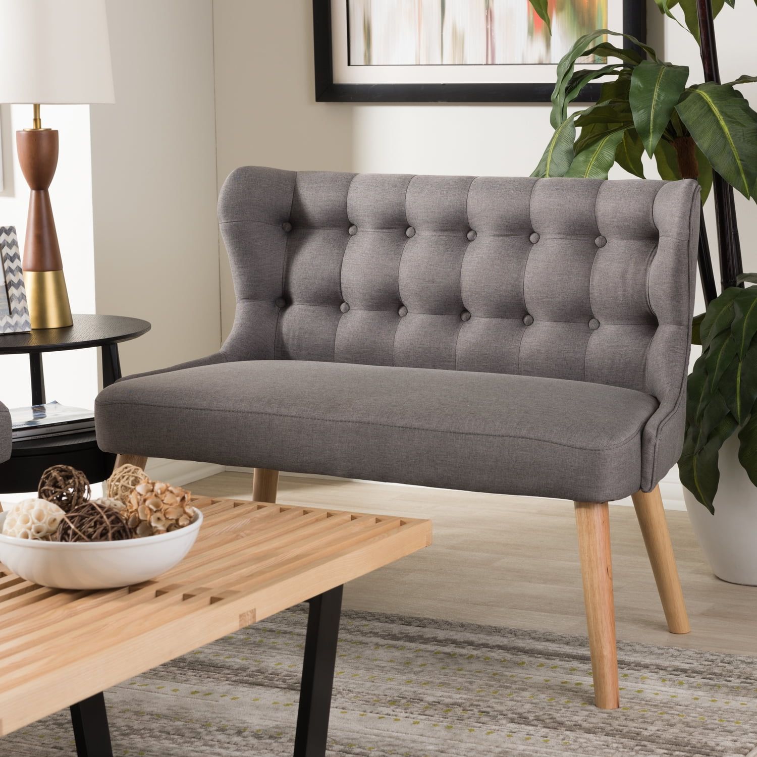 Mid-Century Modern Tufted Gray Microfiber 2-Seater Settee