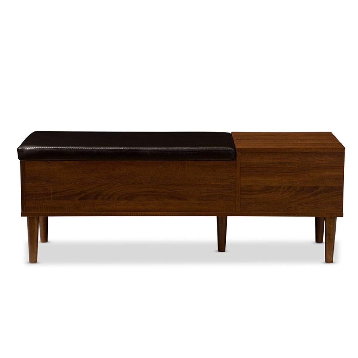 Mid-Century Modern Oak and Dark Brown Storage Bench with Cushioned Seat