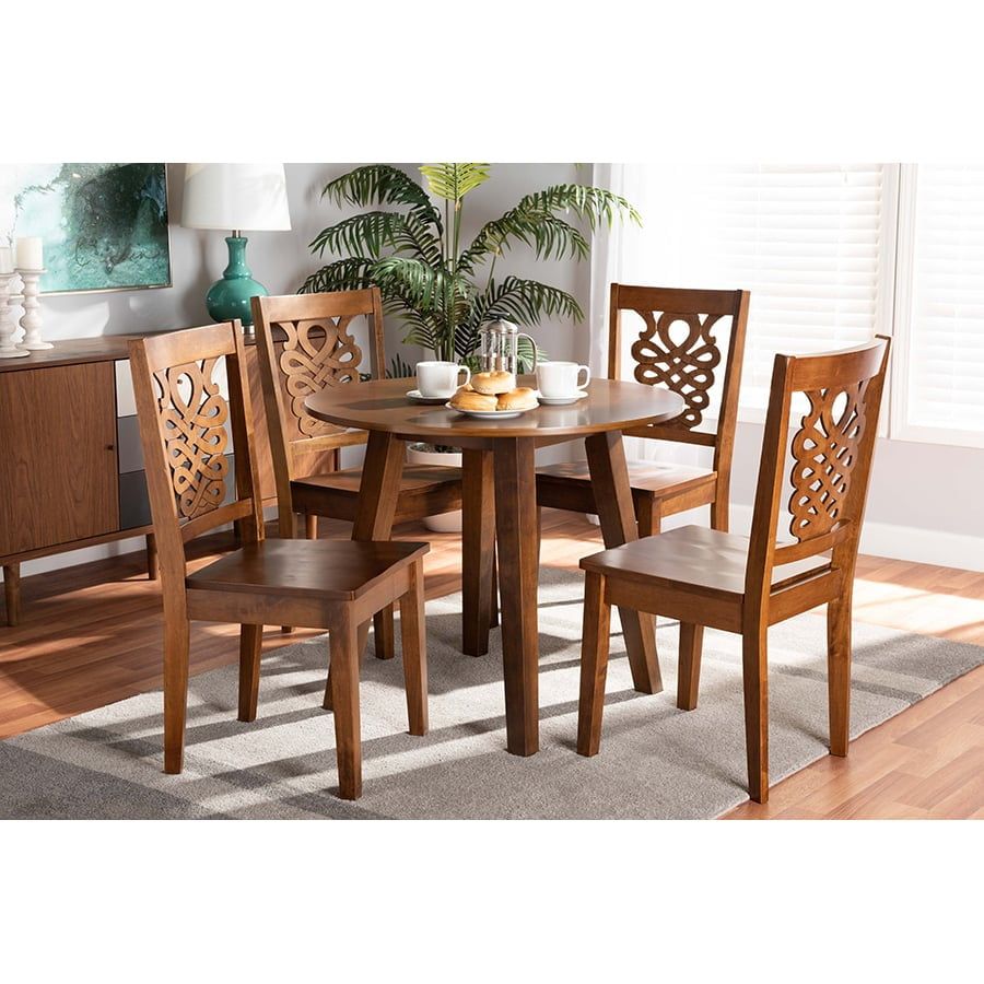 Walnut Brown Finished Wood 5-Piece Dining Set with Geometric Cut Out Chairs