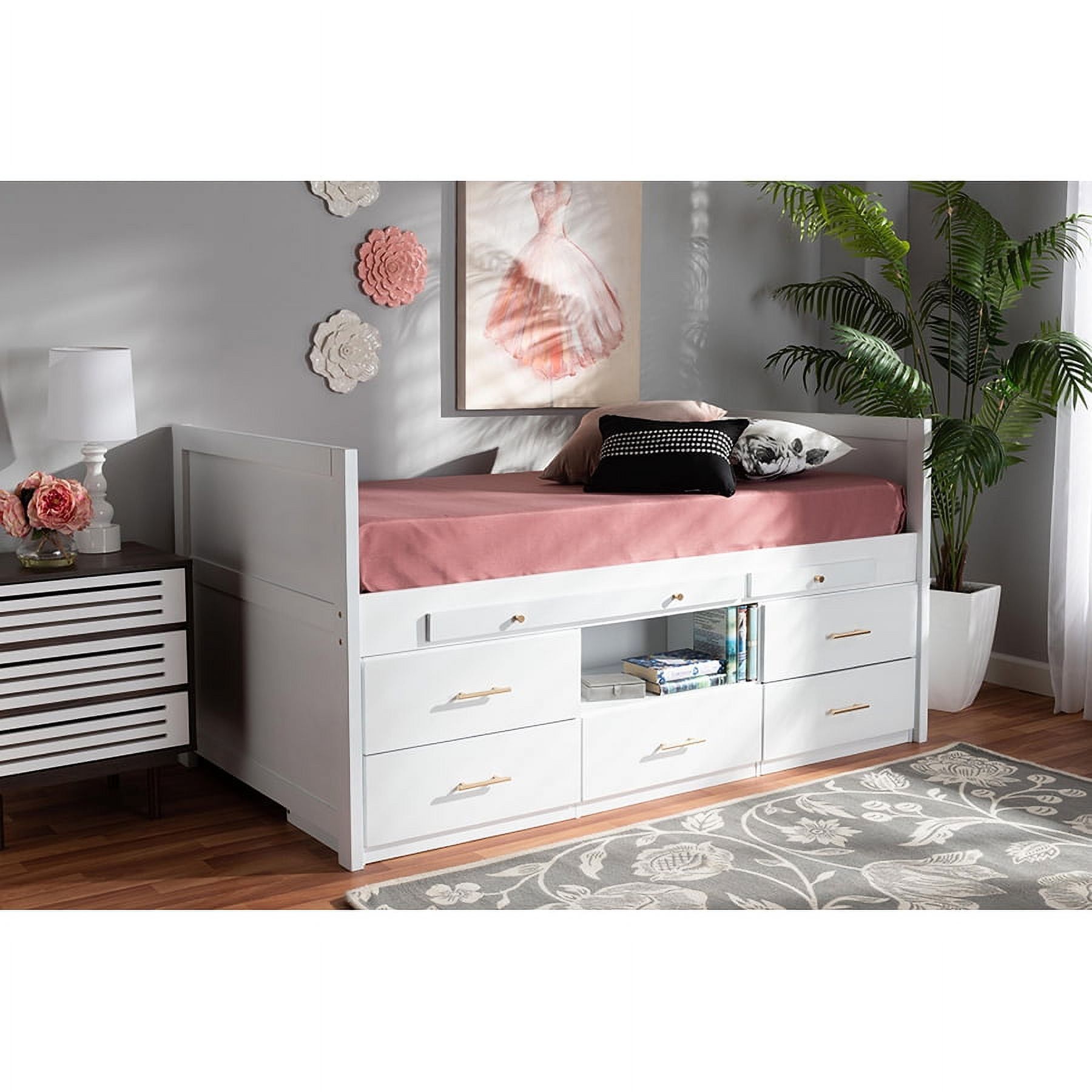 White Twin Wood Frame Storage Bed with Pull-Out Desk