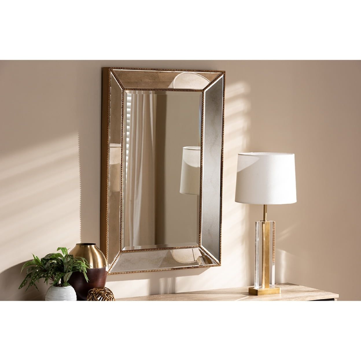 Elegant Antique Gold Rectangular Leather-Trimmed Wall Mirror