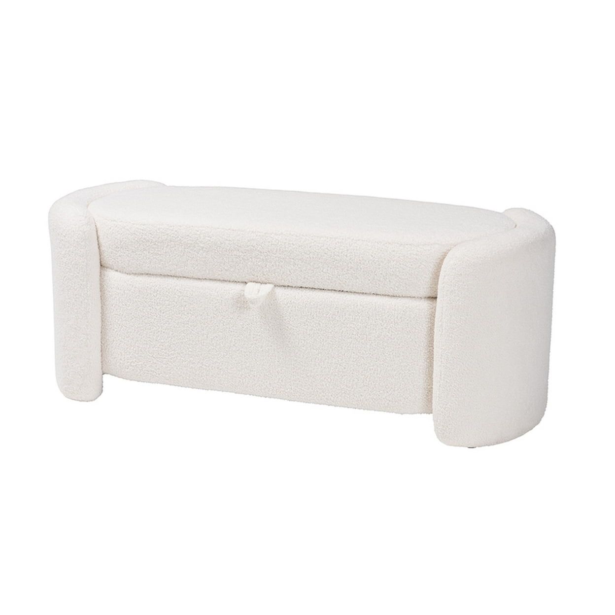 Ivory Boucle Upholstered Oval Storage Bench with Lift Top