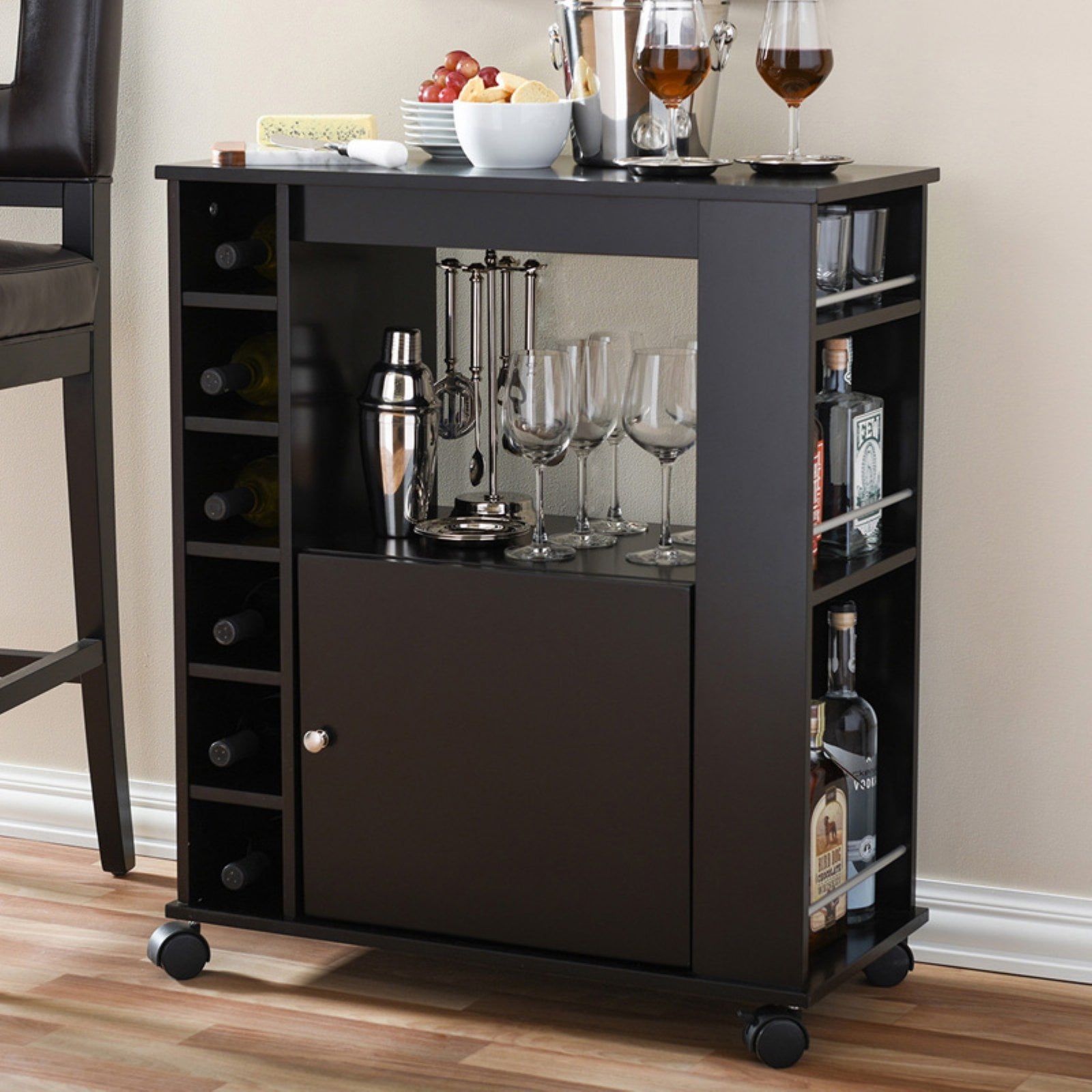 Dark Brown Rubberwood Mobile Wine Bar Cabinet with Storage