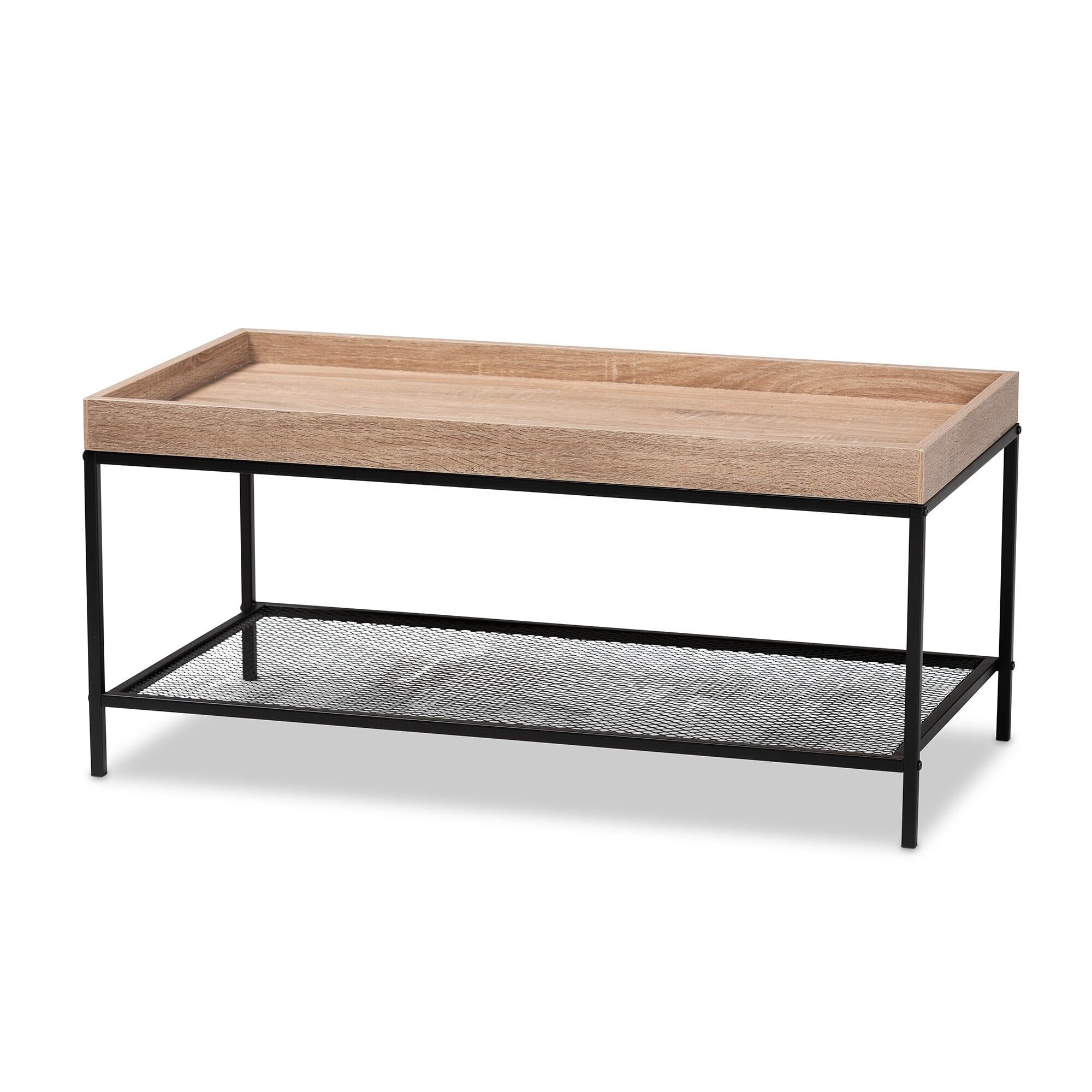 Oak Brown and Black Rectangular Coffee Table with Metal Mesh Shelf