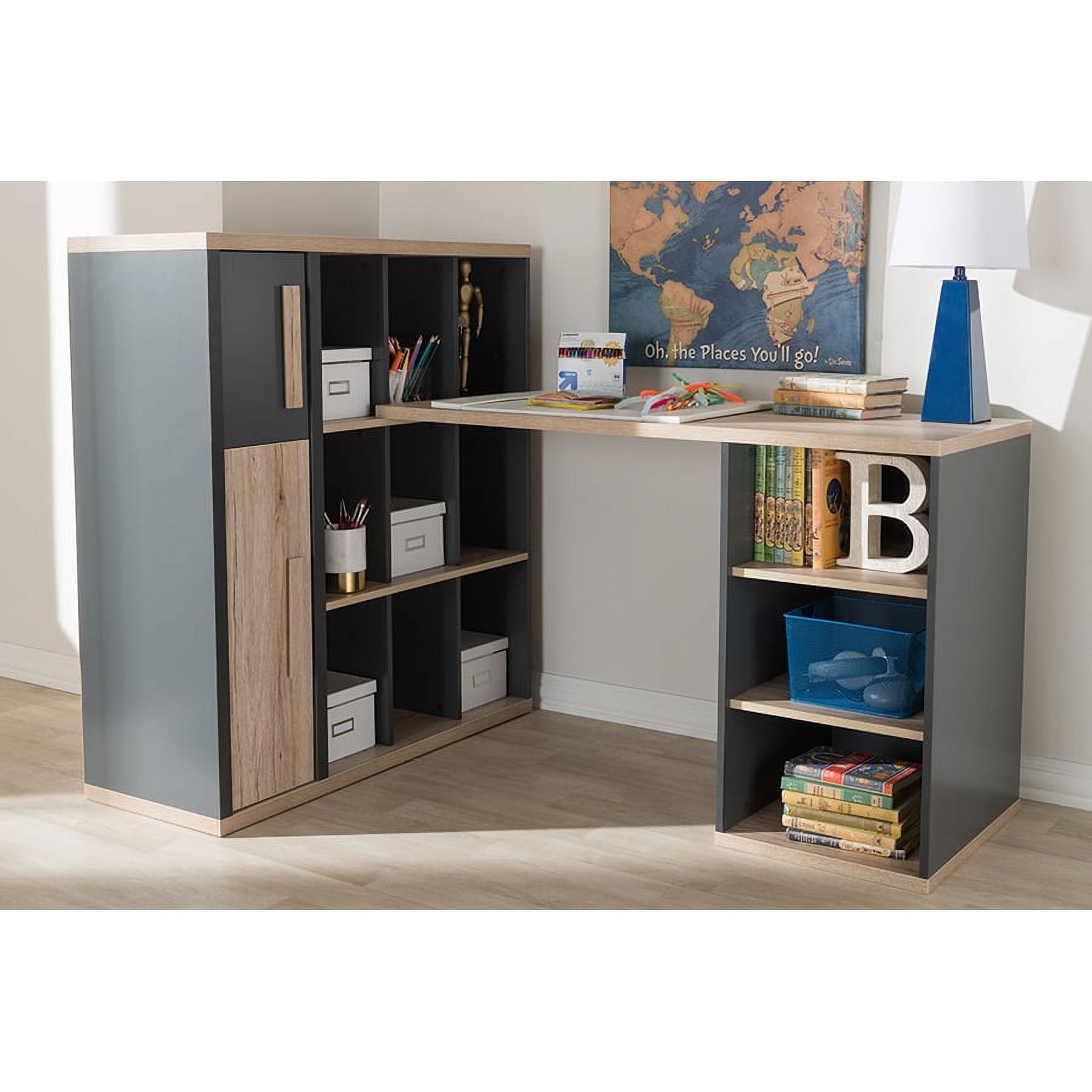 Contemporary Gray and Light Oak 63" Writing Desk with Built-In Shelving