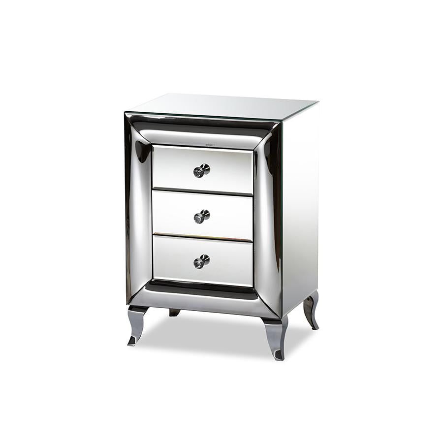 Pauline Mirrored 3-Drawer Glam Nightstand with Crystal Knobs