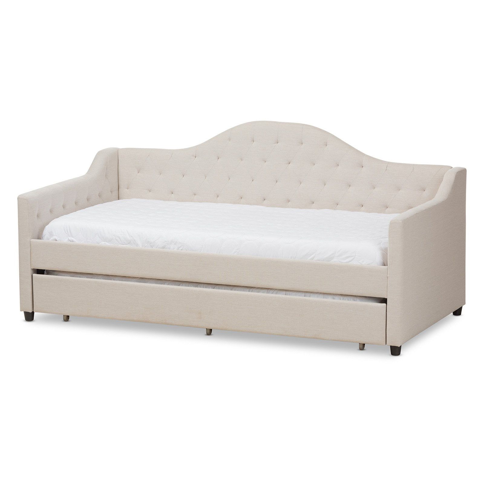 Beige Twin Upholstered Daybed with Tufted Headboard and Trundle