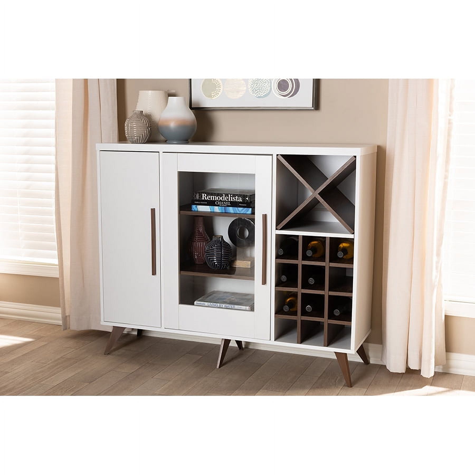 Pietro White and Walnut Mid-Century Modern Wine Cabinet