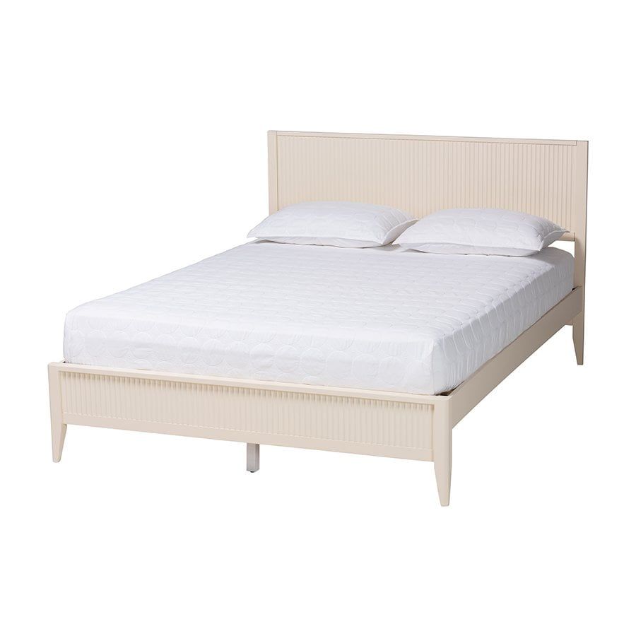 Ivory Fluted Wood King Platform Bed with Slats