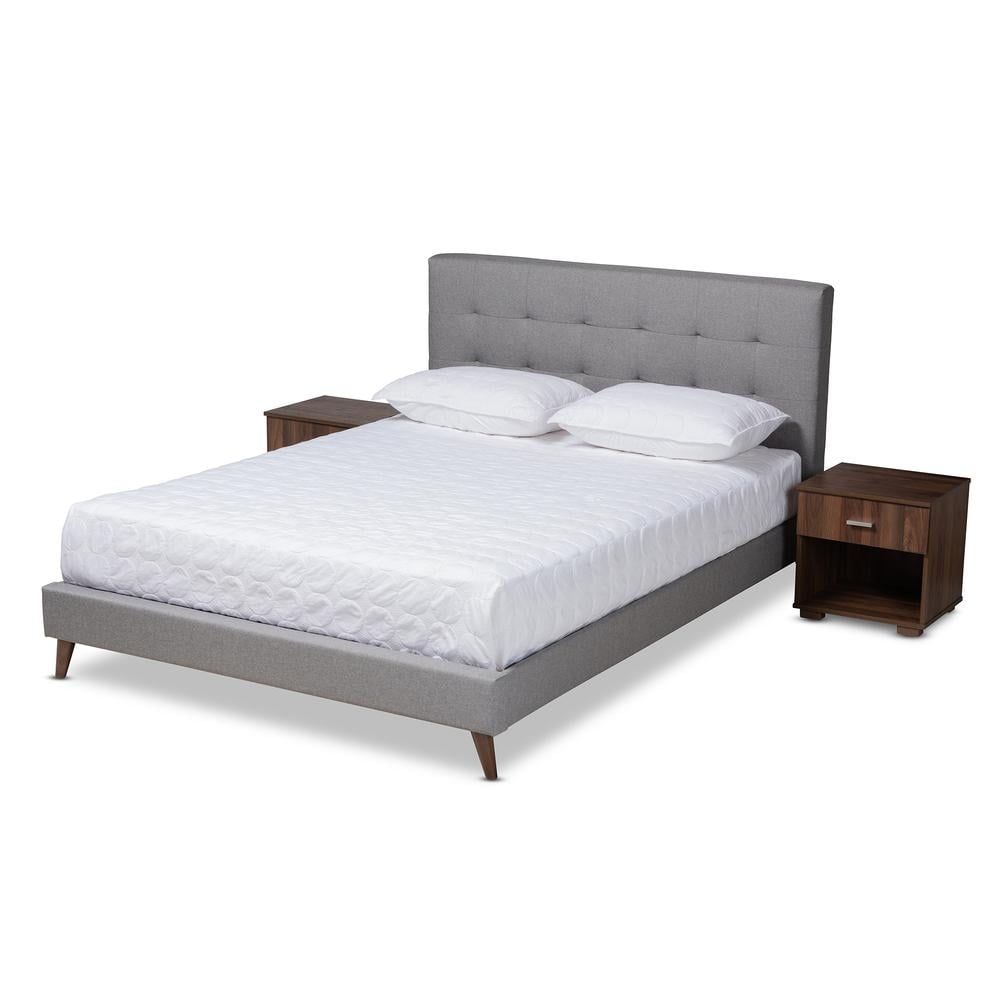 Maren Light Grey Queen Platform Bed with Walnut Nightstands