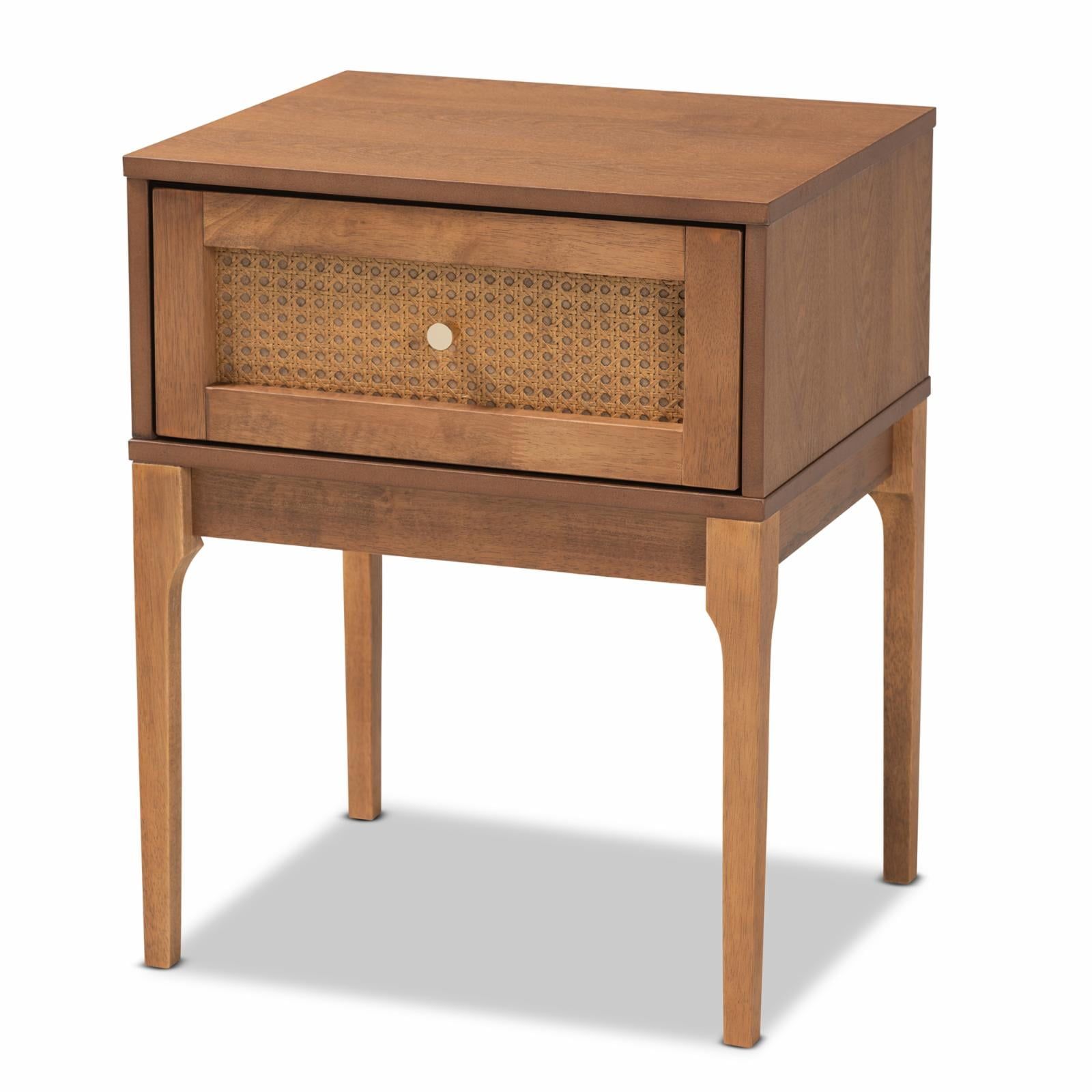 Ramiel Ash Walnut Wood and Rattan 1-Drawer Nightstand