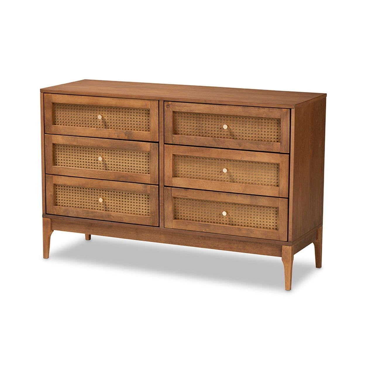 Ramiel Mid-Century Brown Ash Wood and Rattan 6-Drawer Dresser