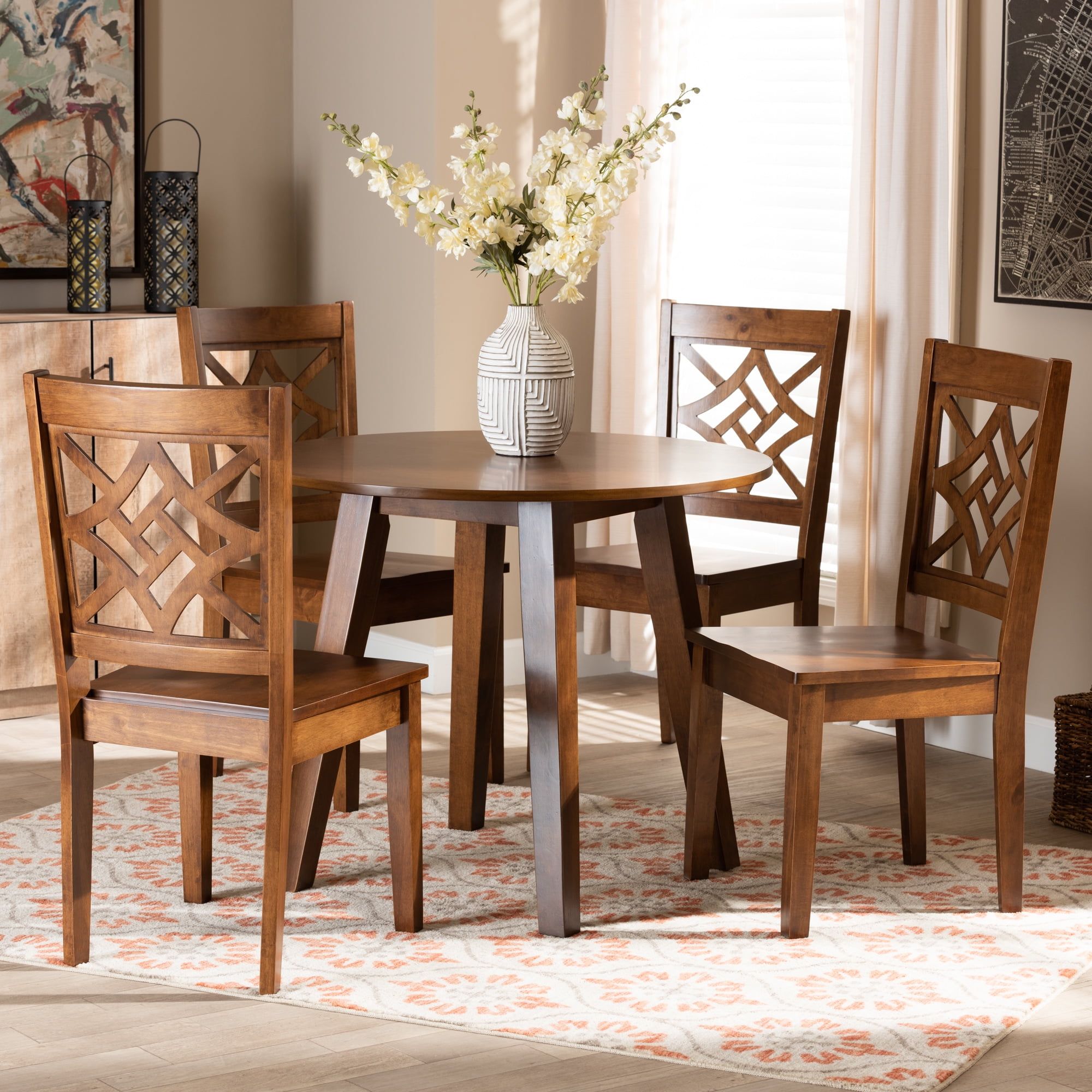 Walnut Brown Modern 5-Piece Dining Set with Geometric Chairs