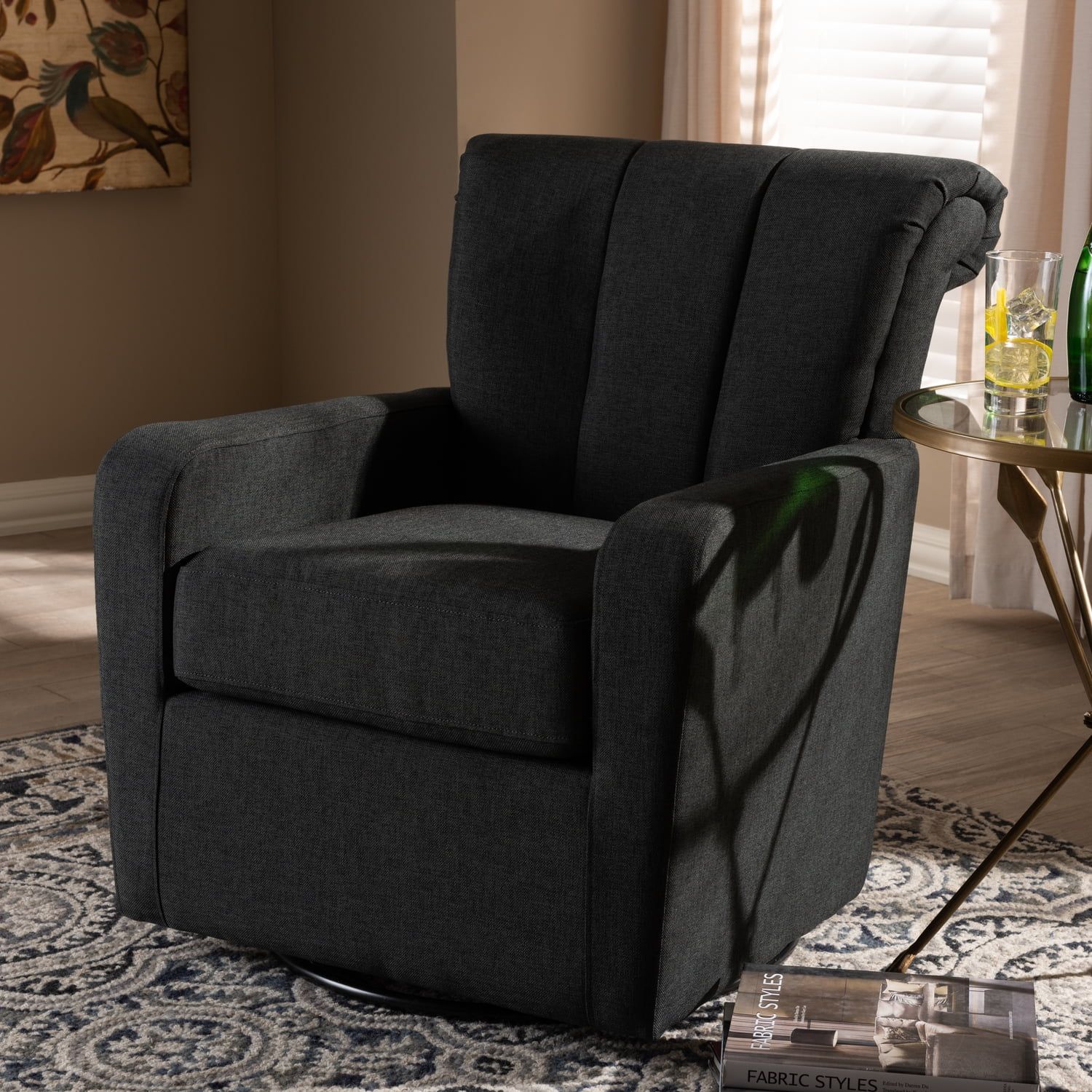 Rayner Elegant Gray Leather Swivel Accent Chair with Wood Base