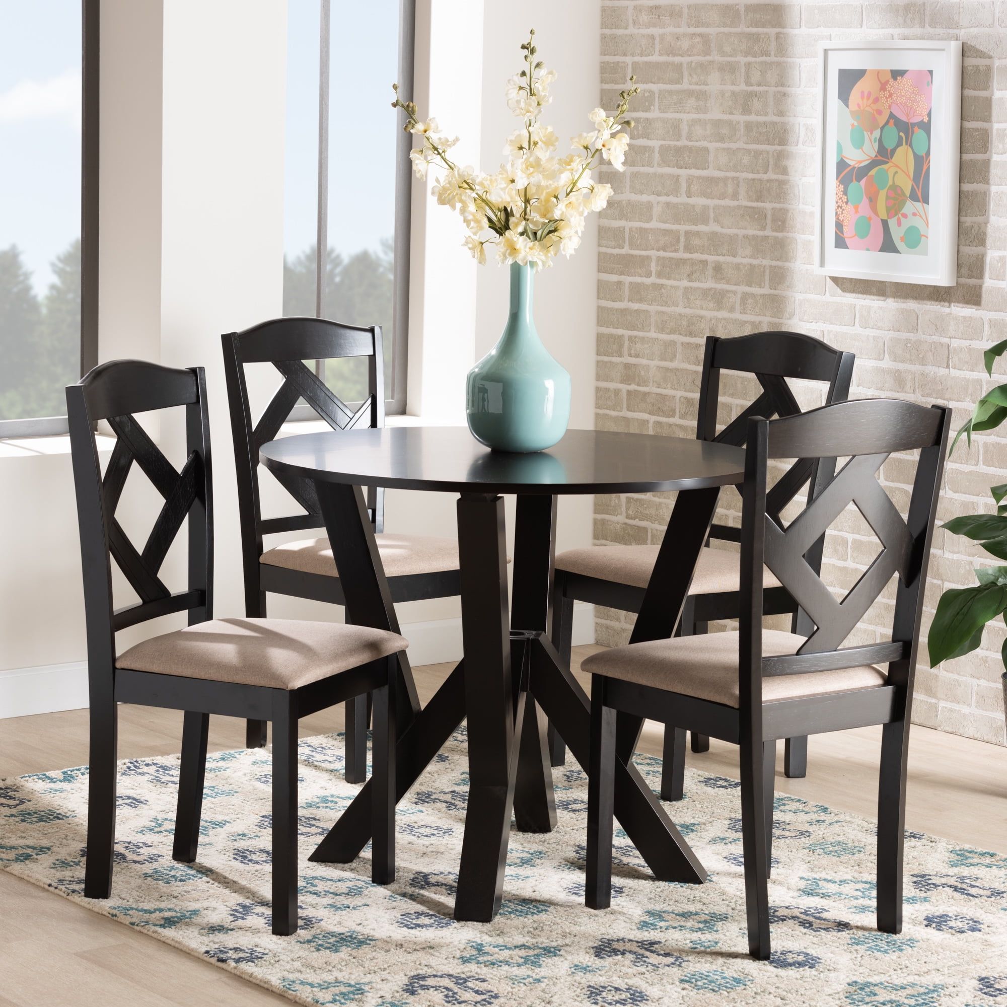 Riona Sand Fabric Upholstered Dark Brown Wood 5-Piece Dining Set