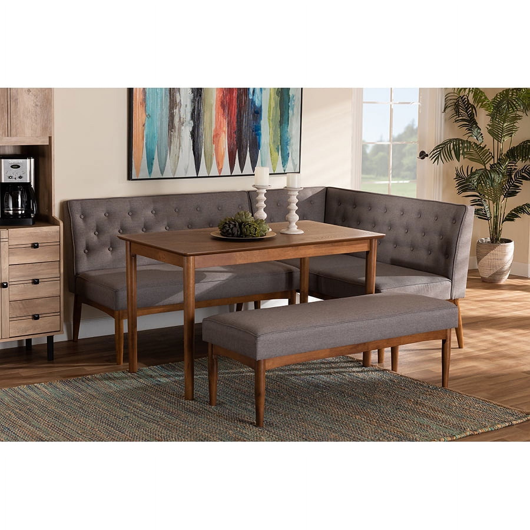 Riordan Mid-Century Modern Grey Upholstered Walnut Wood Dining Nook Set