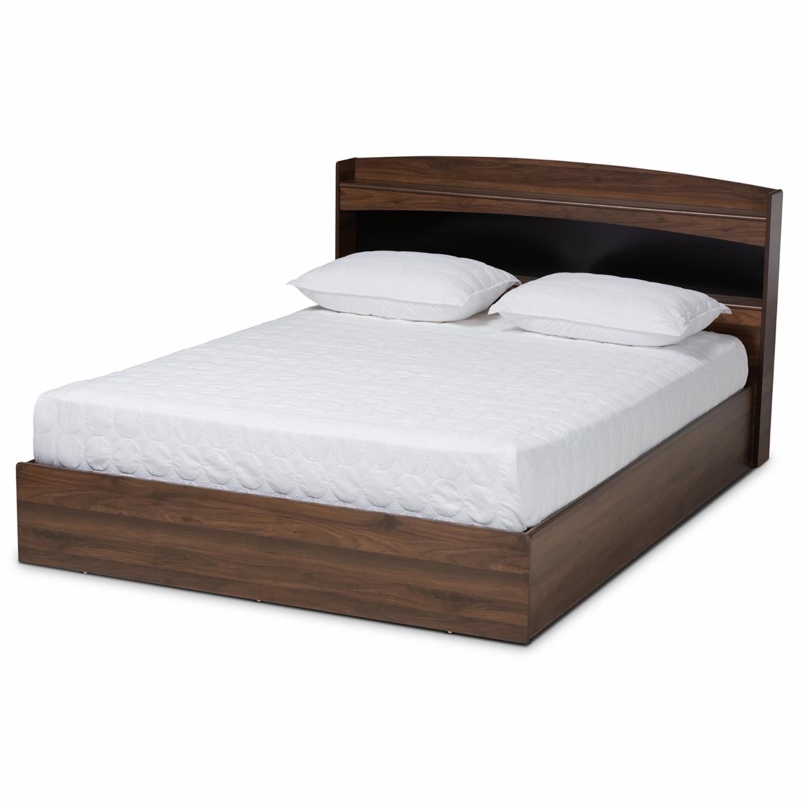 Christopher Queen Walnut Wood Platform Bed with Shelves