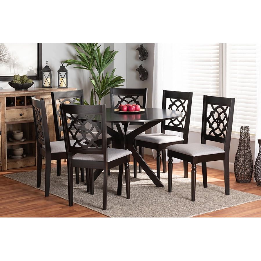 Sadie 7-Piece Dark Brown Wood Dining Set with Grey Upholstered Chairs