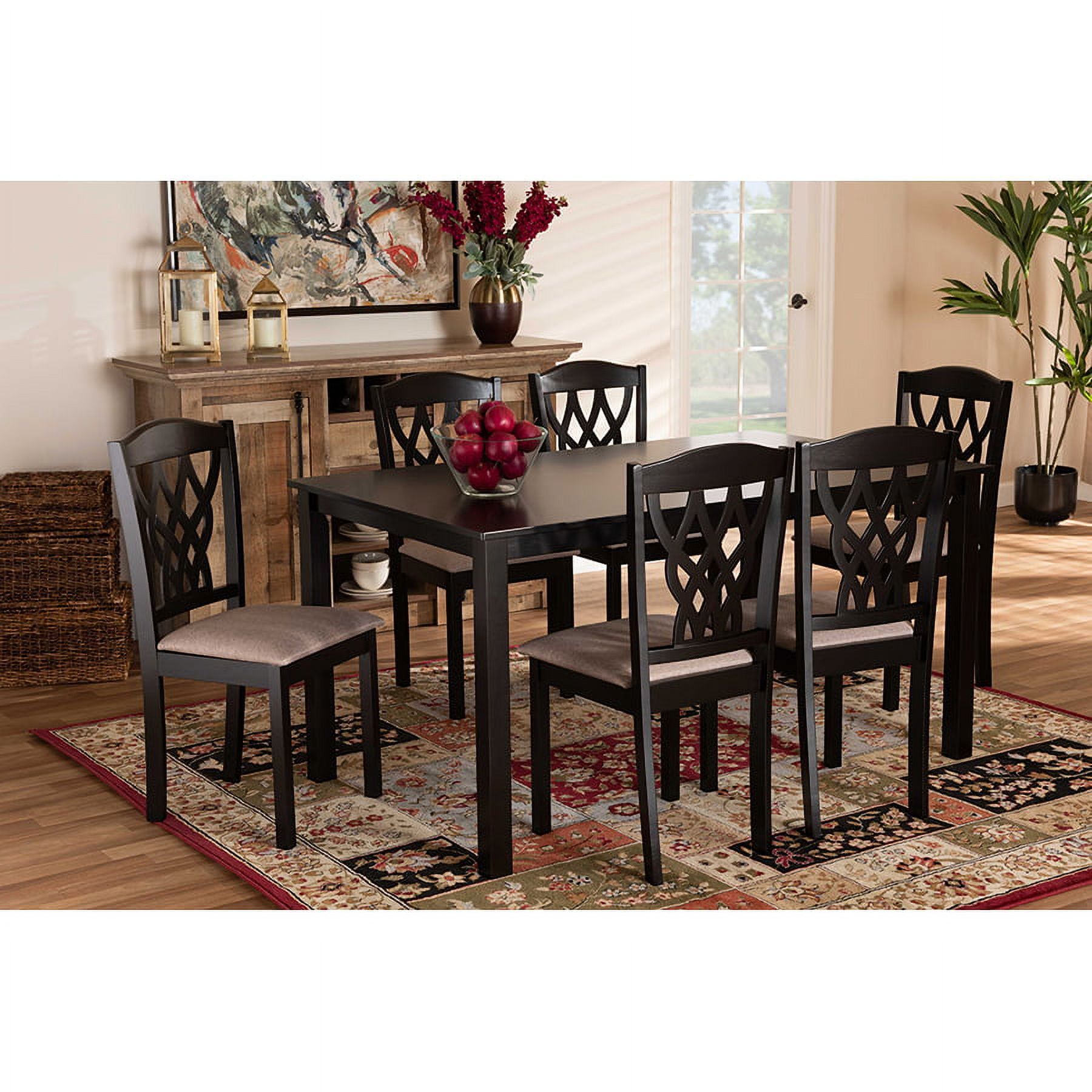 Salem 7-Piece Dark Brown Wood Dining Set with Sand Fabric Chairs