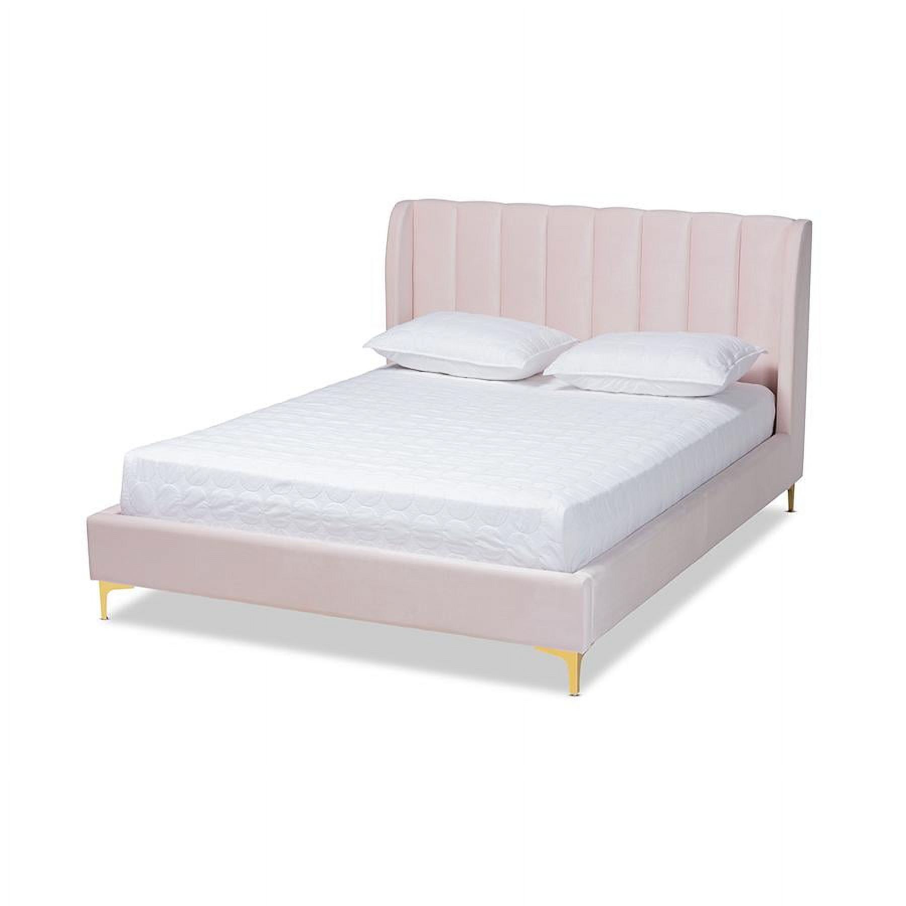 Light Pink Velvet Upholstered Queen Platform Bed with Gold Legs