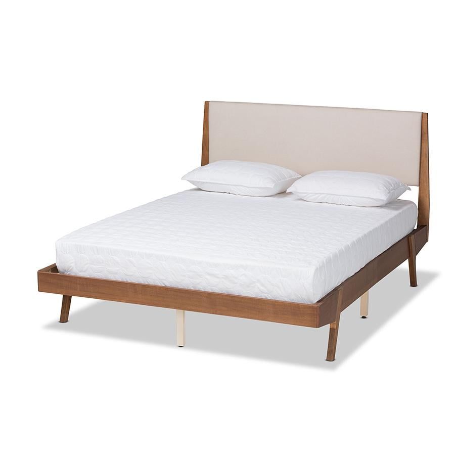 Senna King Mahogany Wood and Beige Upholstered Platform Bed