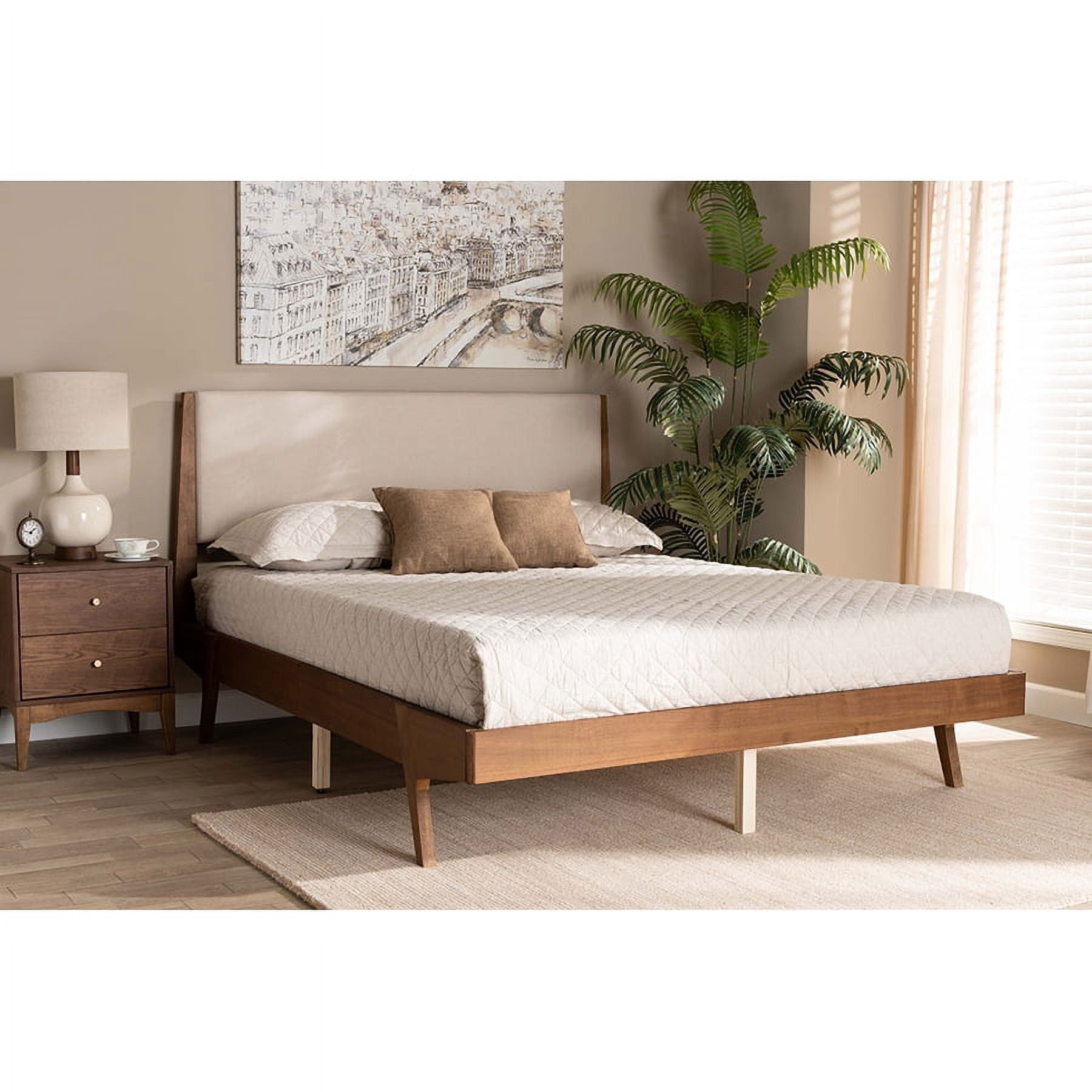 Beige Upholstered Queen Bed with Walnut Wood Frame