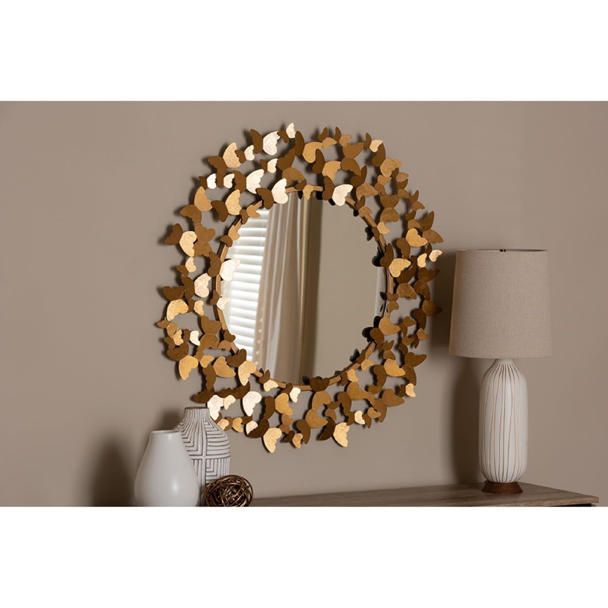 Soleil Antique Gold Round Butterfly Wall Mirror