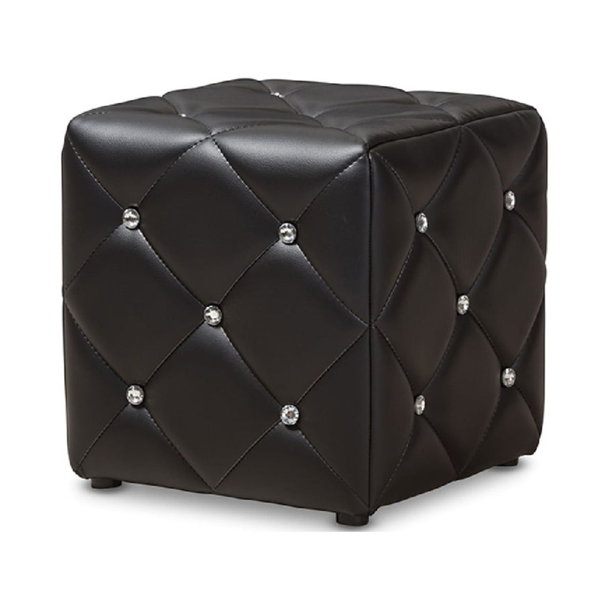Stacey 14'' Chic Black Faux Leather Tufted Ottoman with Faux Crystal Accents