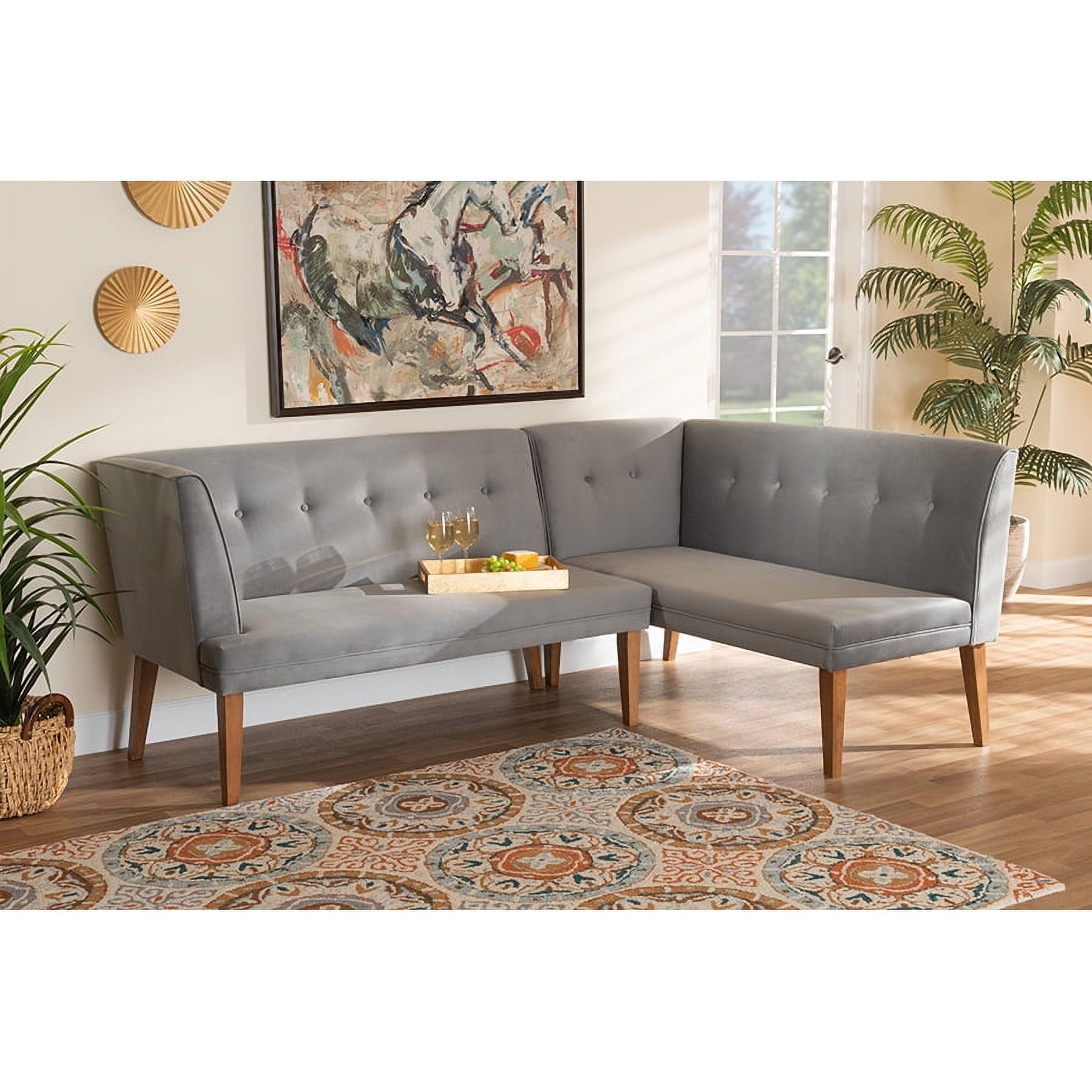 Mid-Century Modern Grey Velvet and Walnut Wood 2-Piece Dining Bench Set