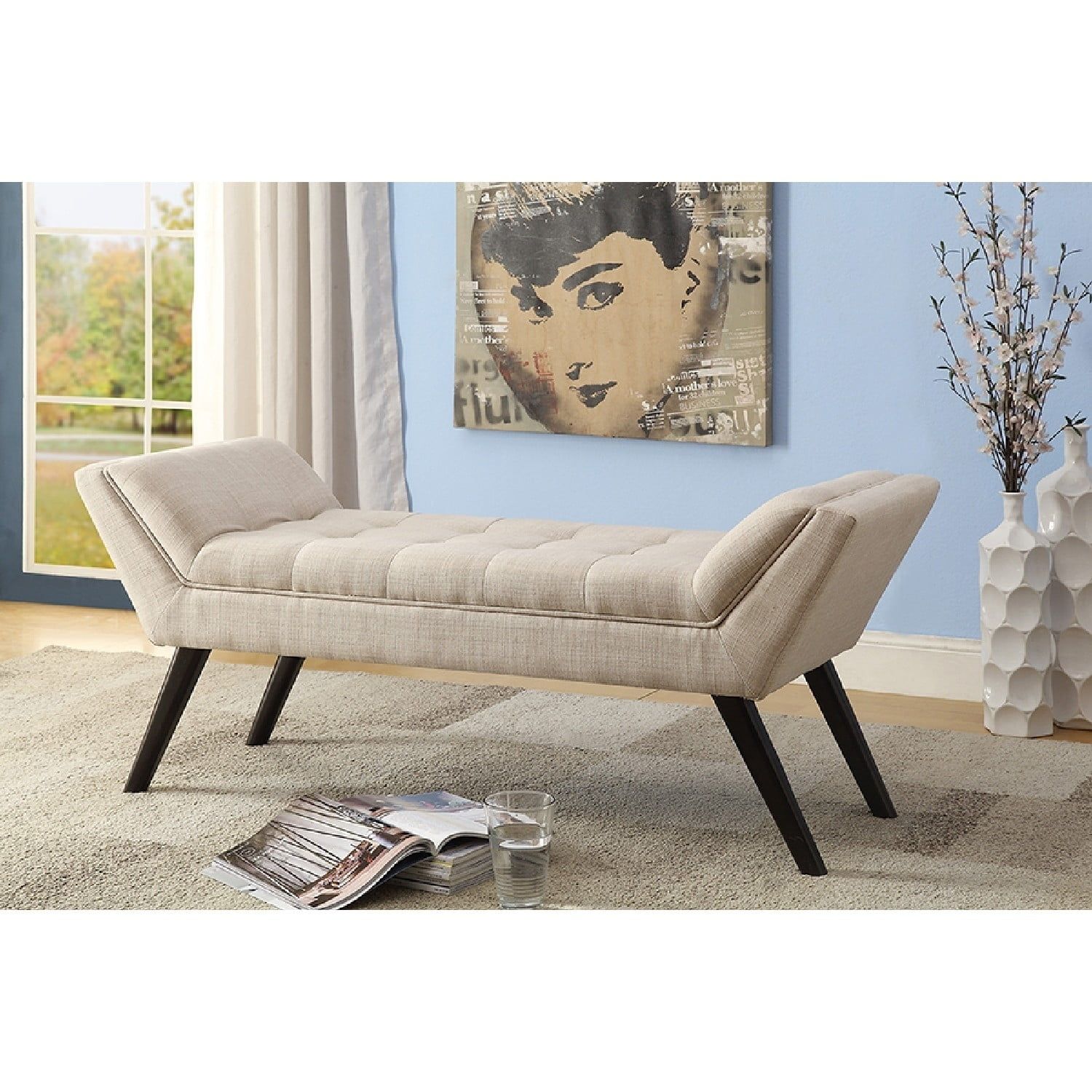 Tamblin Retro Beige Linen Tufted Mid-Century 50" Bench