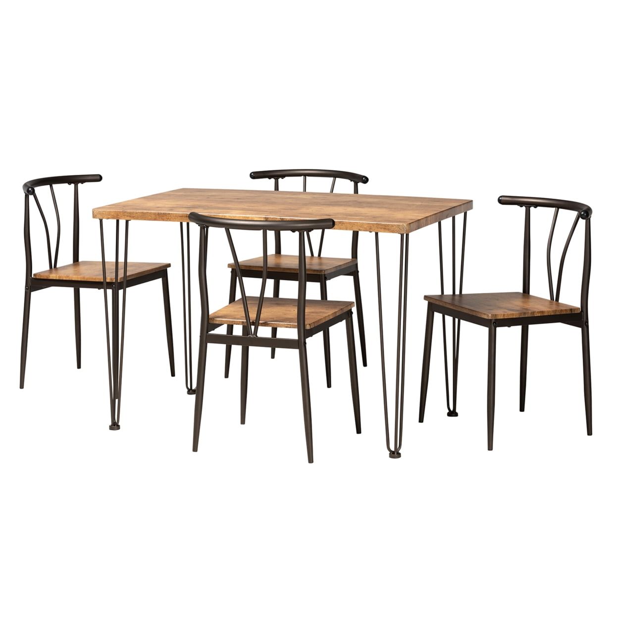 Natural Brown Wood and Dark Bronze Metal 5-Piece Dining Set