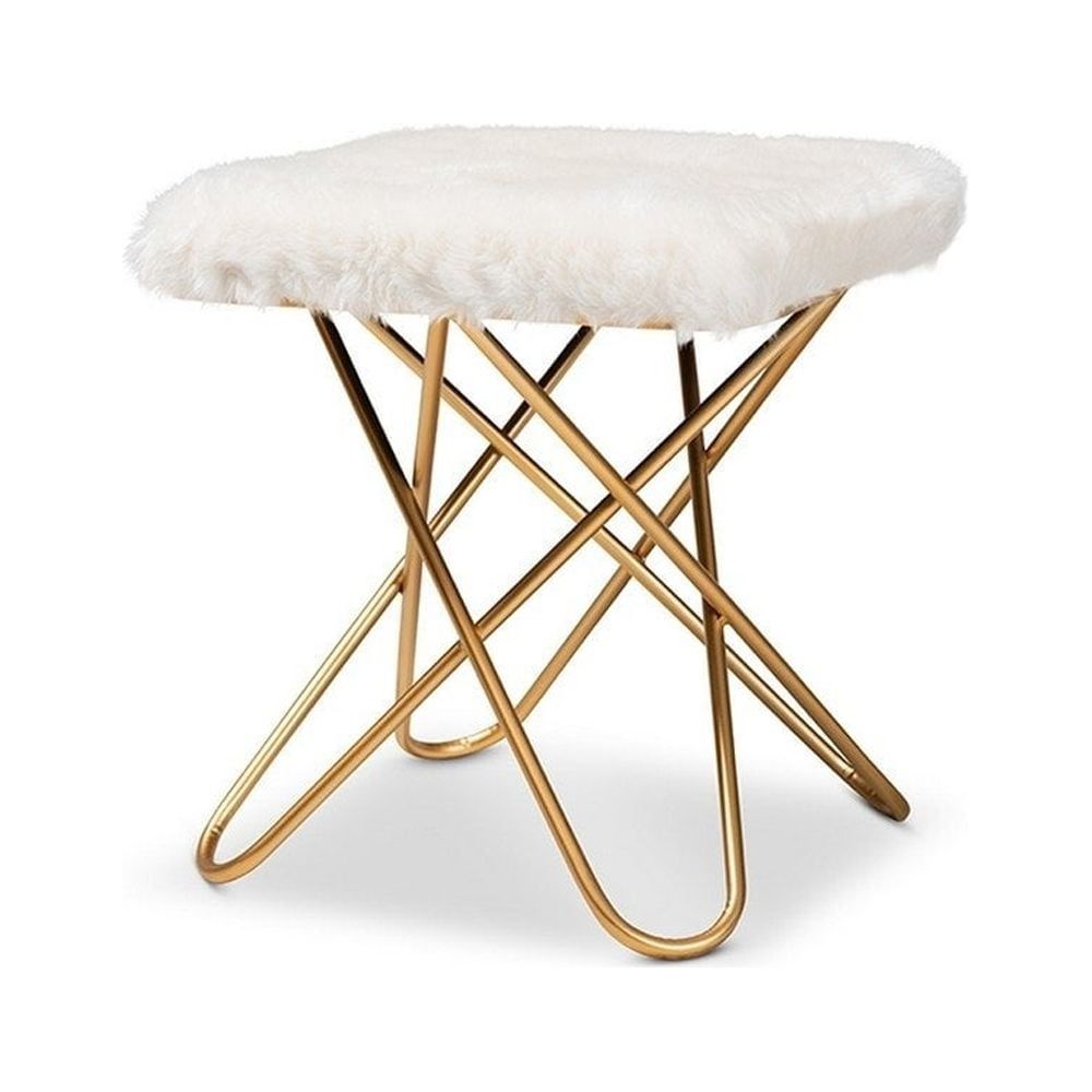 Valle 16" White Faux Fur Gold Metal Ottoman