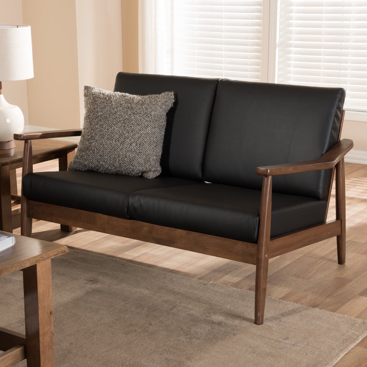 Mid-Century Modern Walnut Wood Black Faux Leather Loveseat