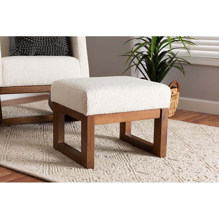 Off-White Boucle Upholstered Walnut Wood Ottoman Footstool