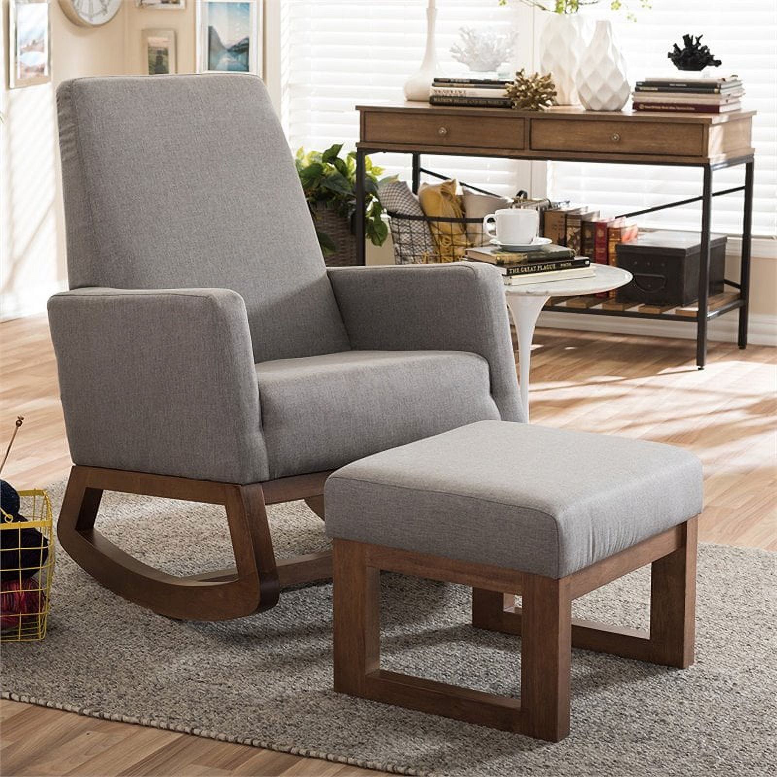 Gray Walnut Mid-Century Modern Rocking Chair and Ottoman Set