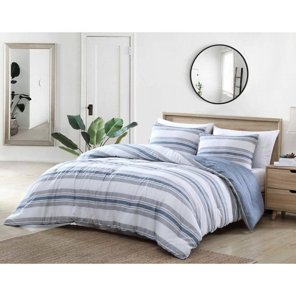 Twin Navy Blue and Gray Striped Cotton Comforter Set