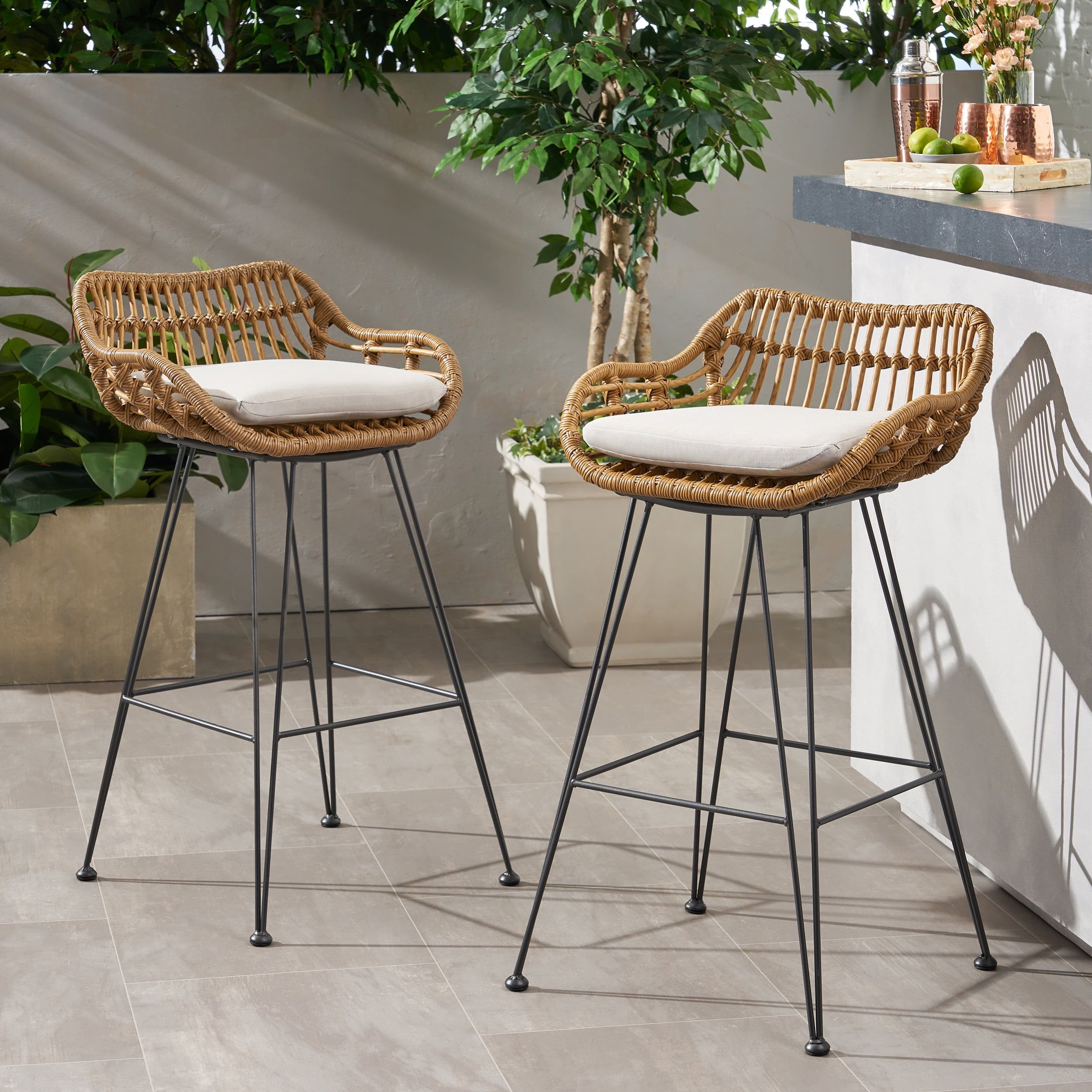 Minimalist Black Iron & Beige Cushioned Outdoor Bar Stools, Set of 2