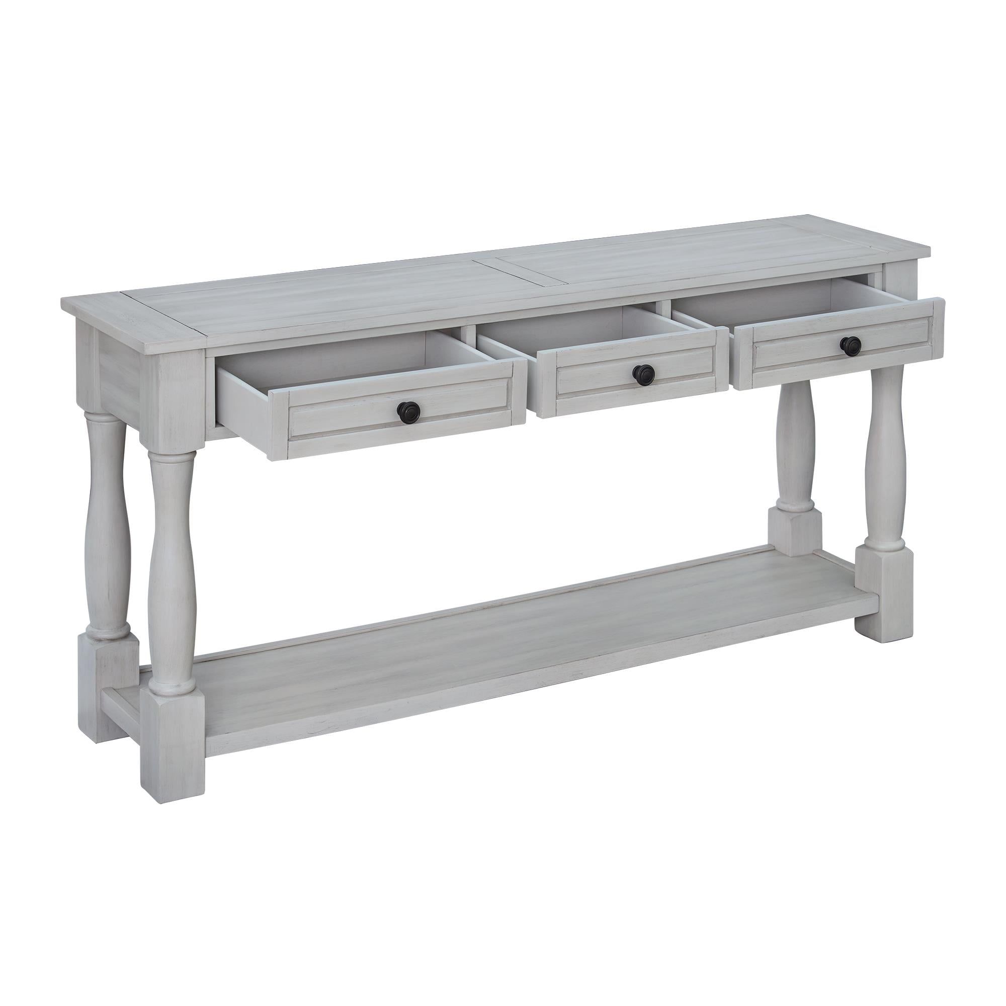 Gray Wash 64" Wood Console Table with Drawers and Shelf