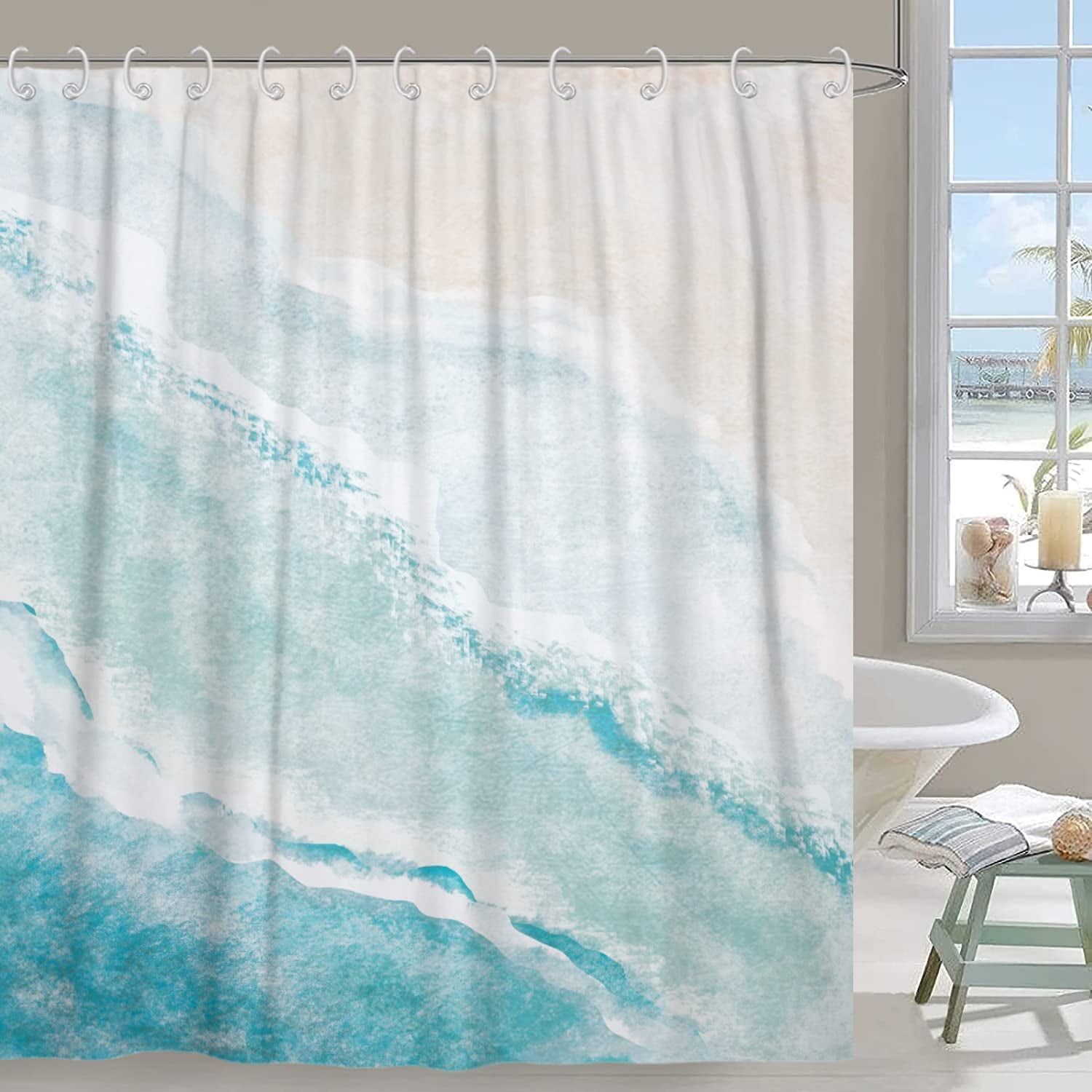 Teal Blue Coastal Ocean Beach Theme Fabric Shower Curtain, 72" x 72"