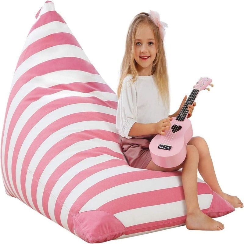 Extra Large Pink and White Cotton Canvas Bean Bag Chair Cover