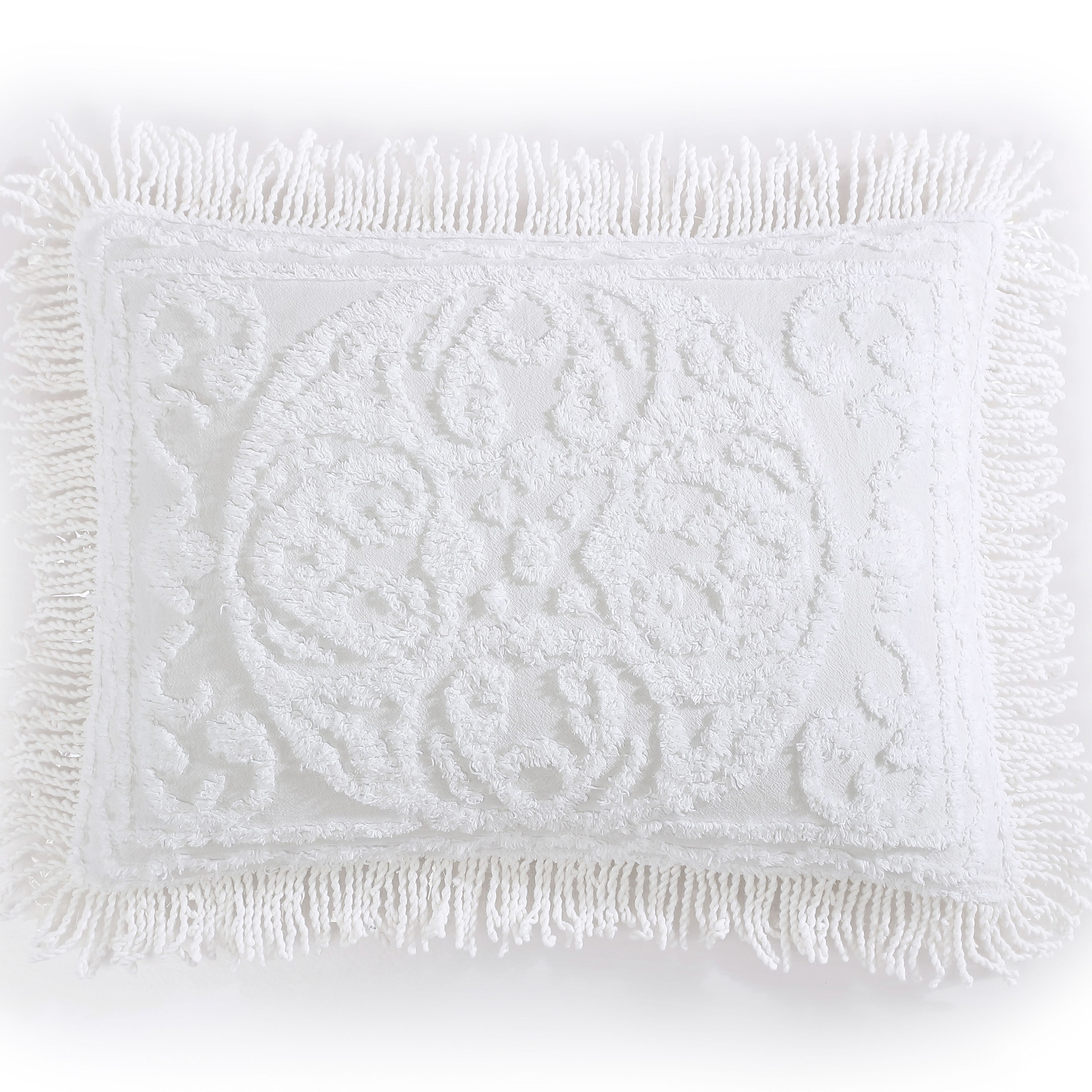 White Cotton Medallion Chenille King Sham with Fringed Hem