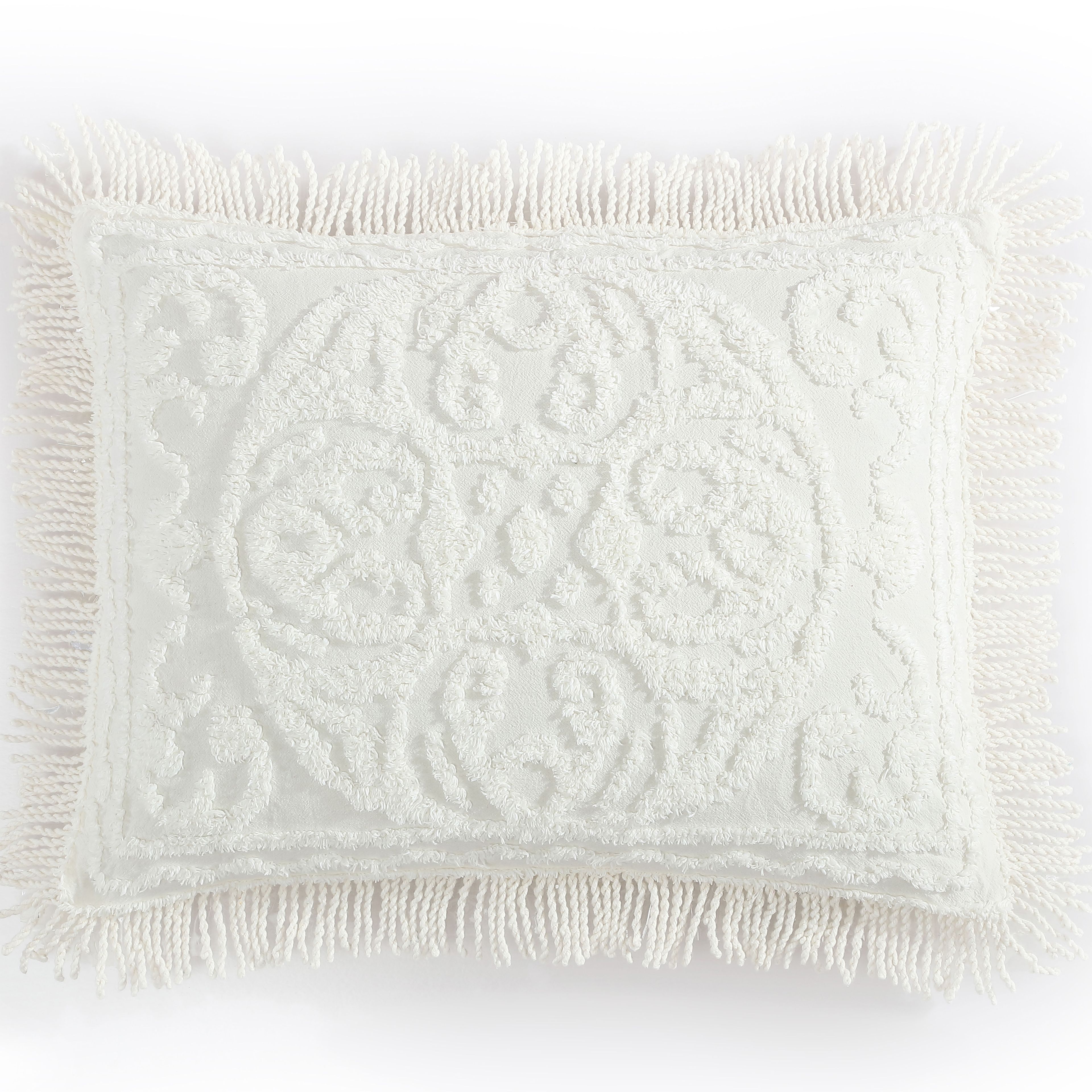 Ivory Cotton Medallion Chenille Standard Sham with Fringe