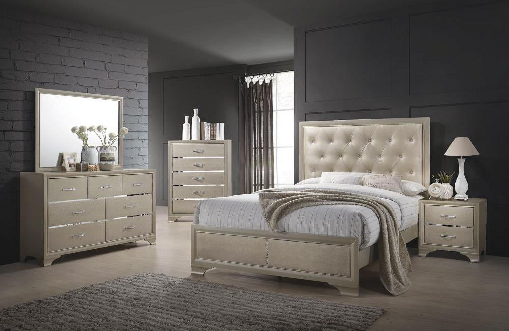 Champagne Gold Faux Leather 5-Piece Bedroom Set