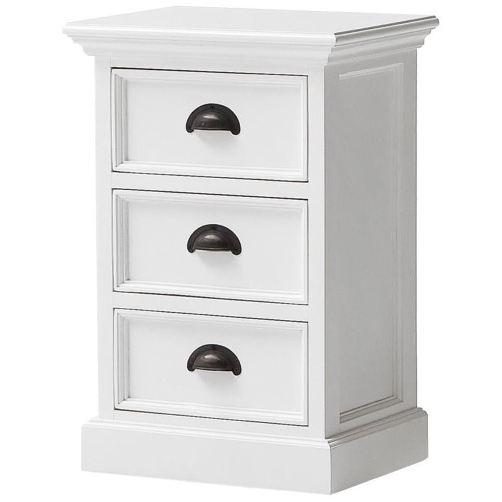 Pure White Mahogany 3-Drawer Nightstand with Antique Brass Hardware