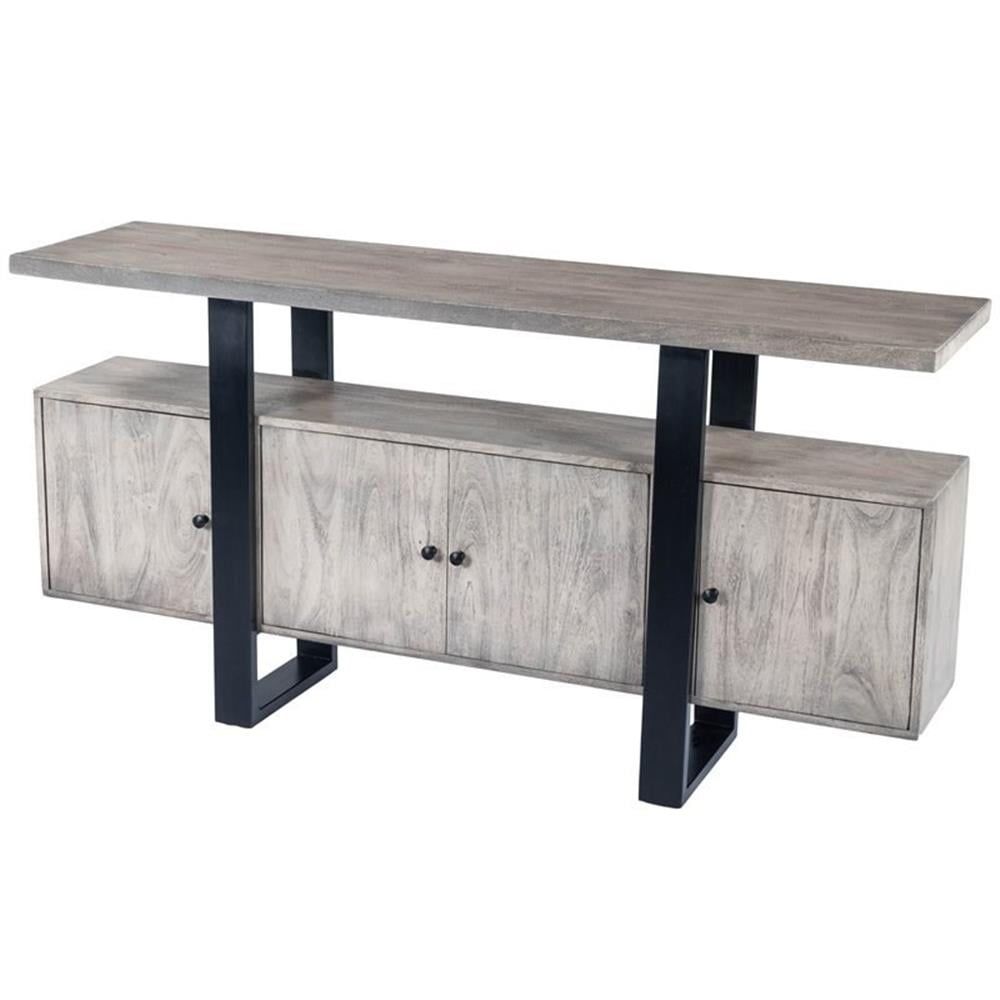 Gray Acacia Wood and Black Iron Industrial Sideboard