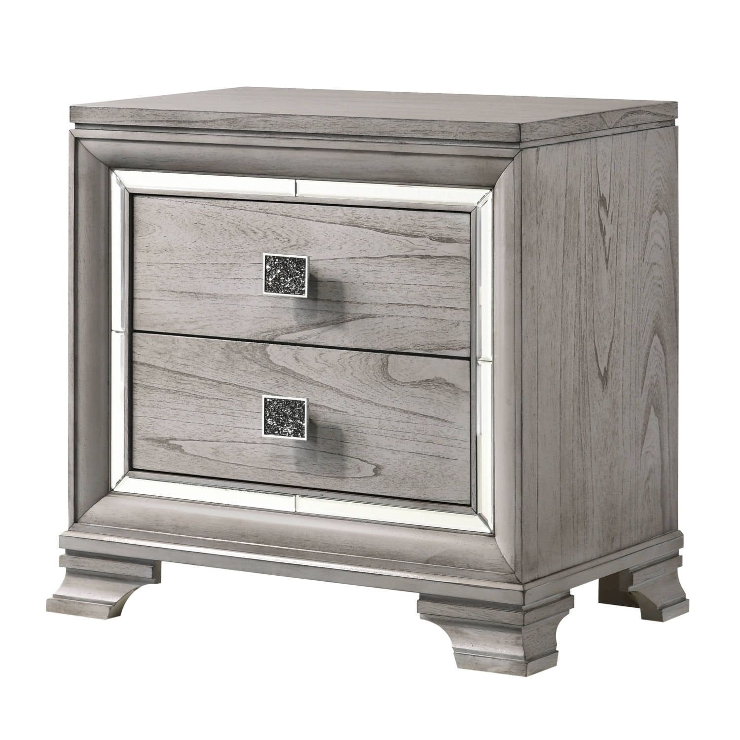 Light Gray Brown Wooden 2-Drawer Nightstand with Mirrored Accents