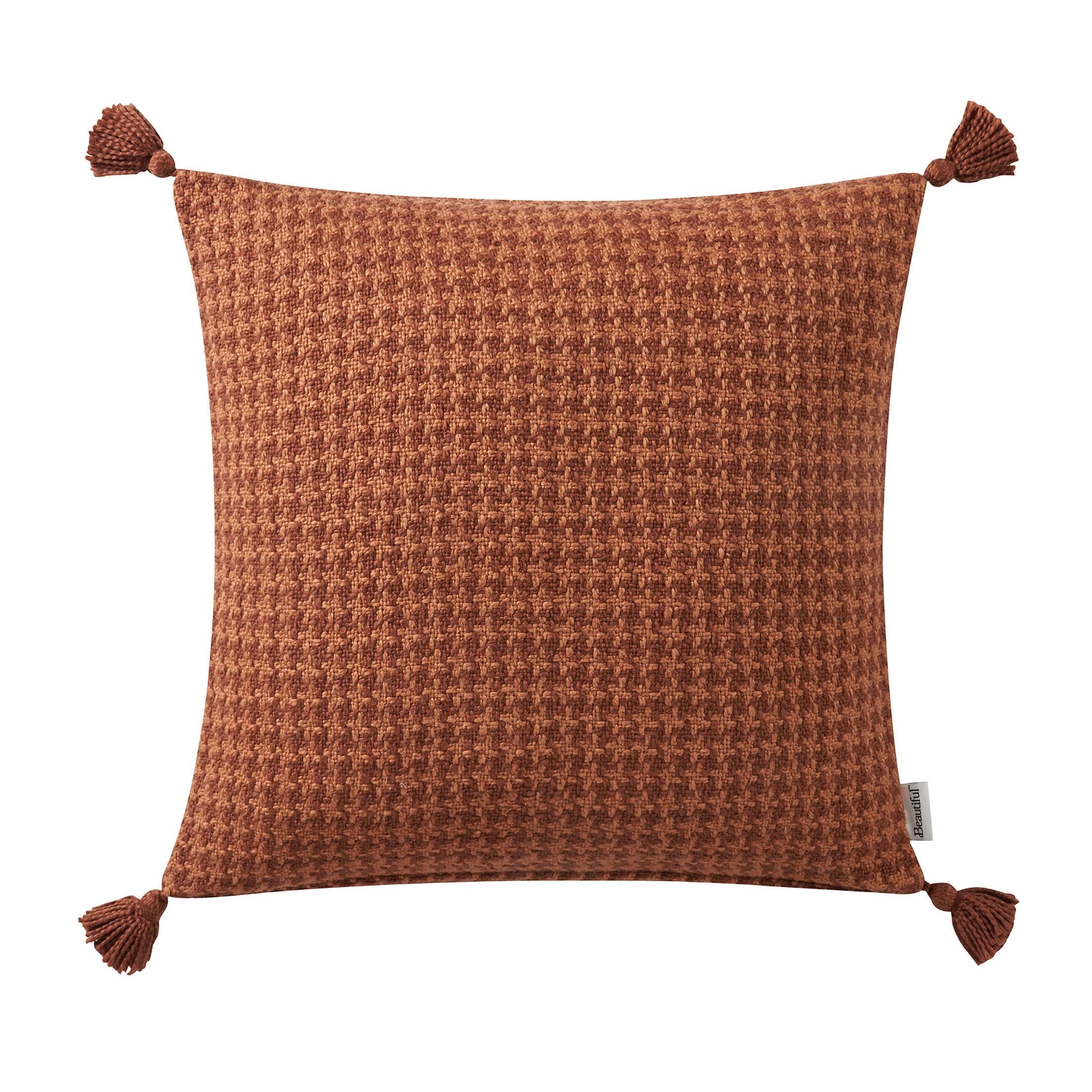 Rust Houndstooth Cotton Slub Decorative Pillow with Tassels, 22" x 22"