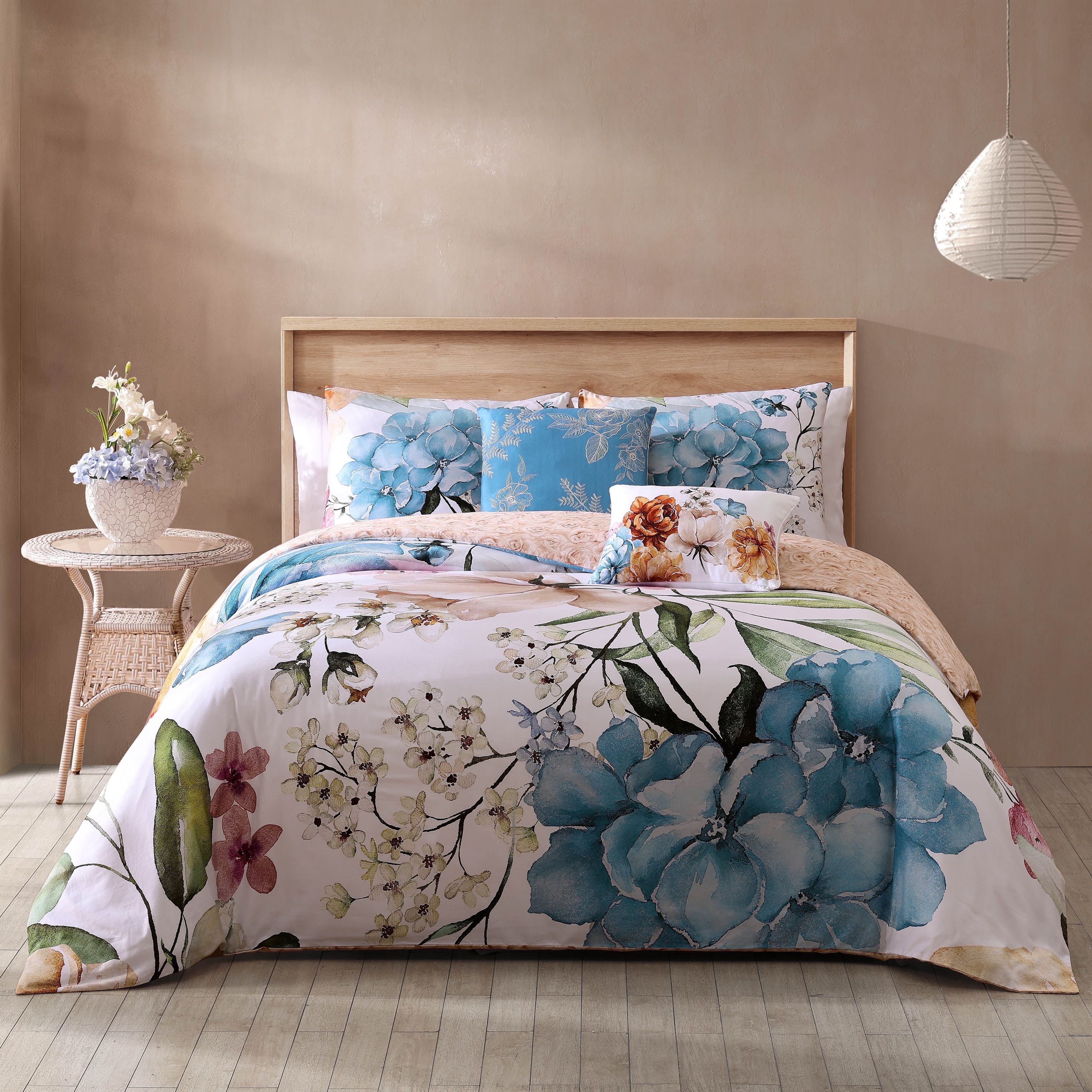 Maia King Blue Cotton Floral Reversible Comforter Set