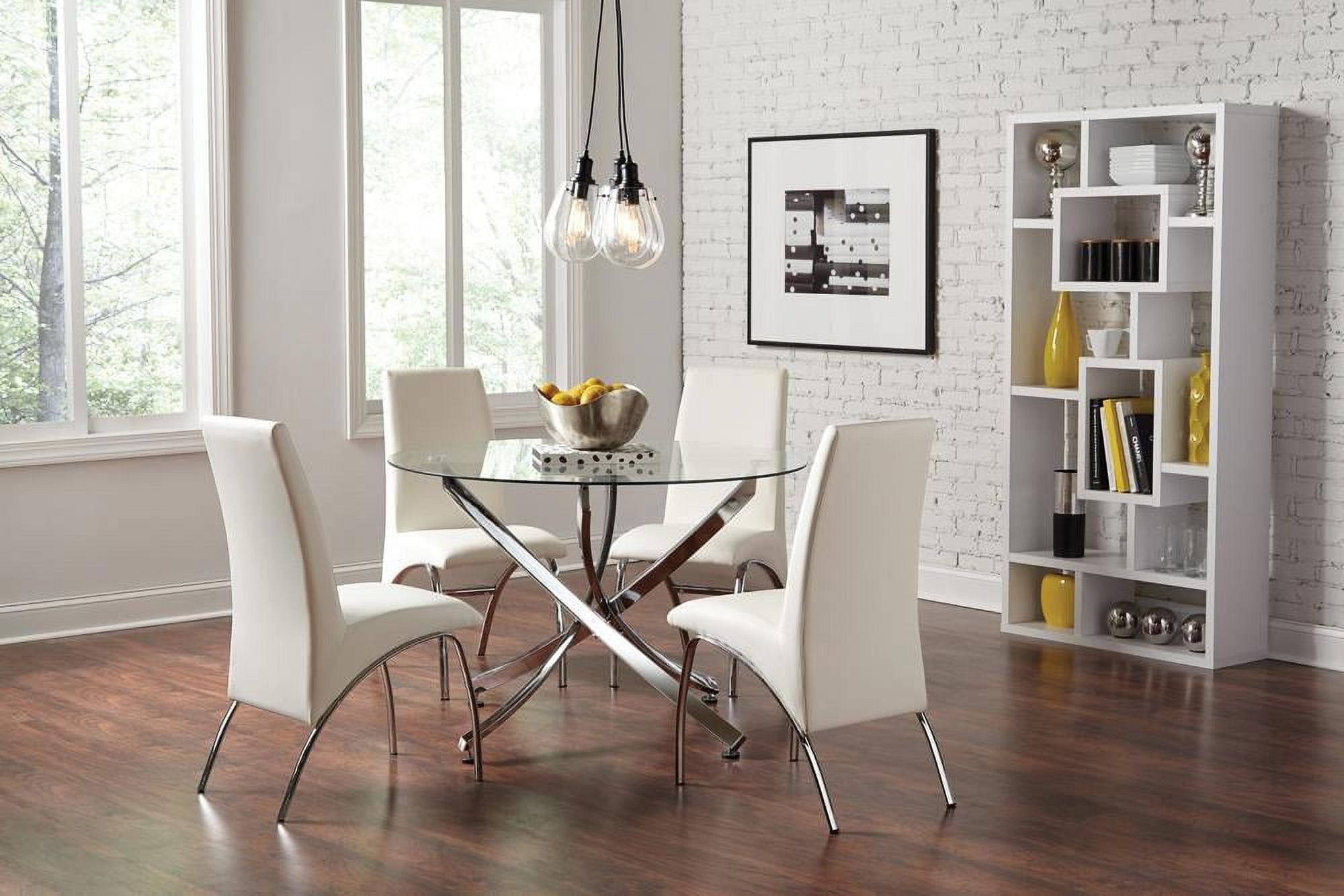 Contemporary Round Glass Dining Set with Chrome Base and White Faux Leather Chairs